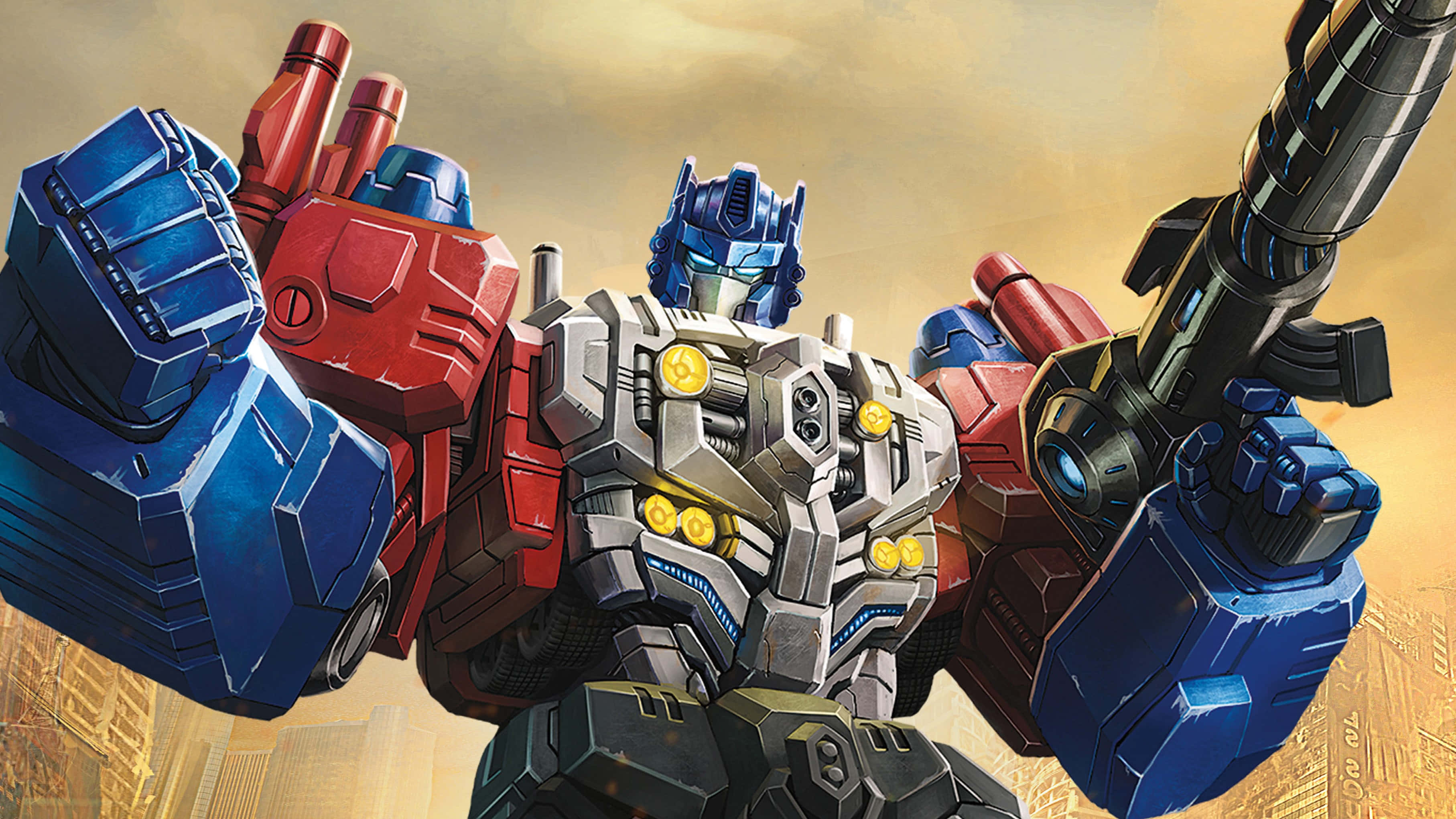 Optimus Prime, 4K, golden-hued city skyline, 2K Desktop Wallpaper