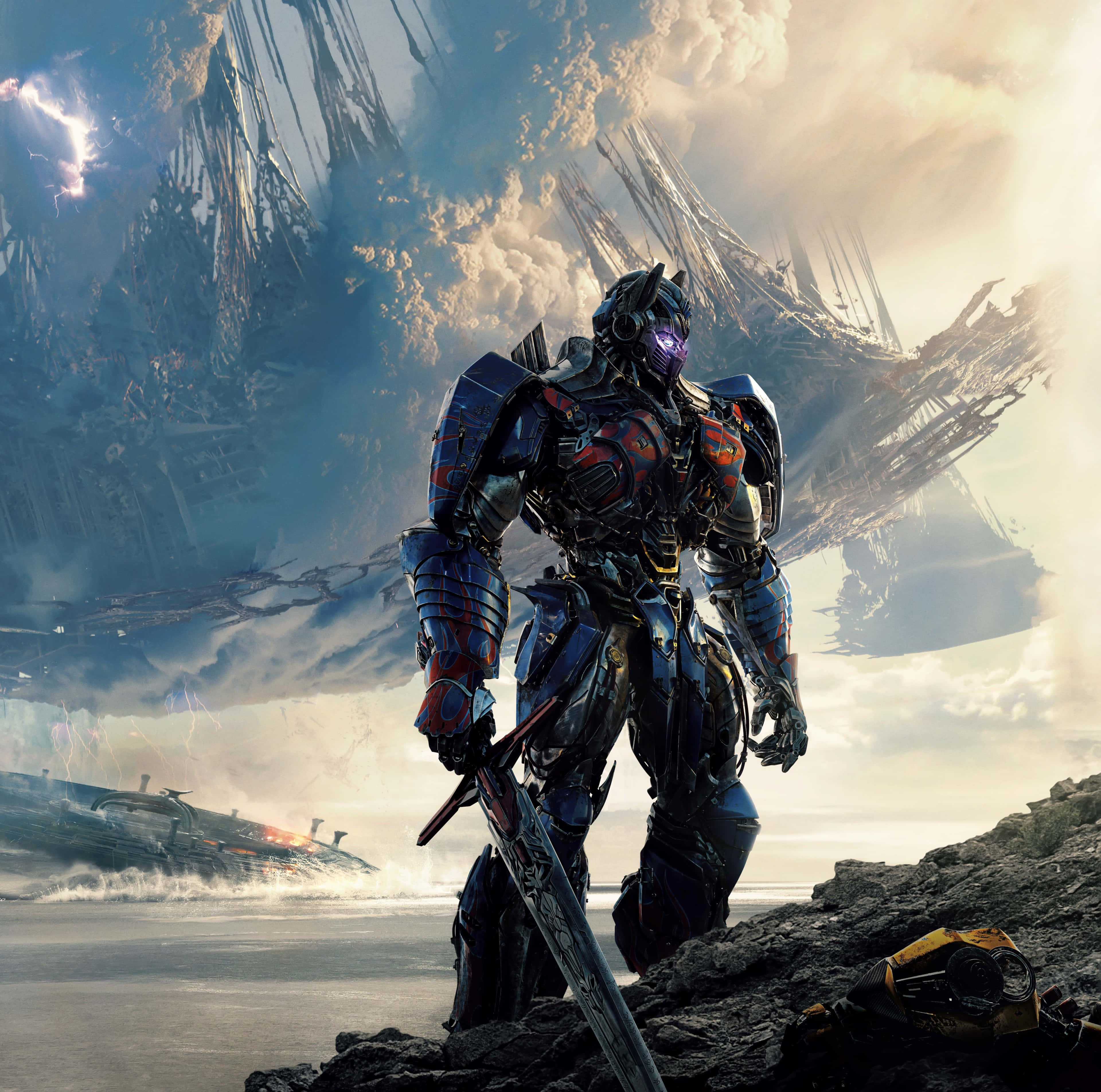 Optimus Prime, glowing purple eyes, rocky shore, 4K Desktop Wallpaper