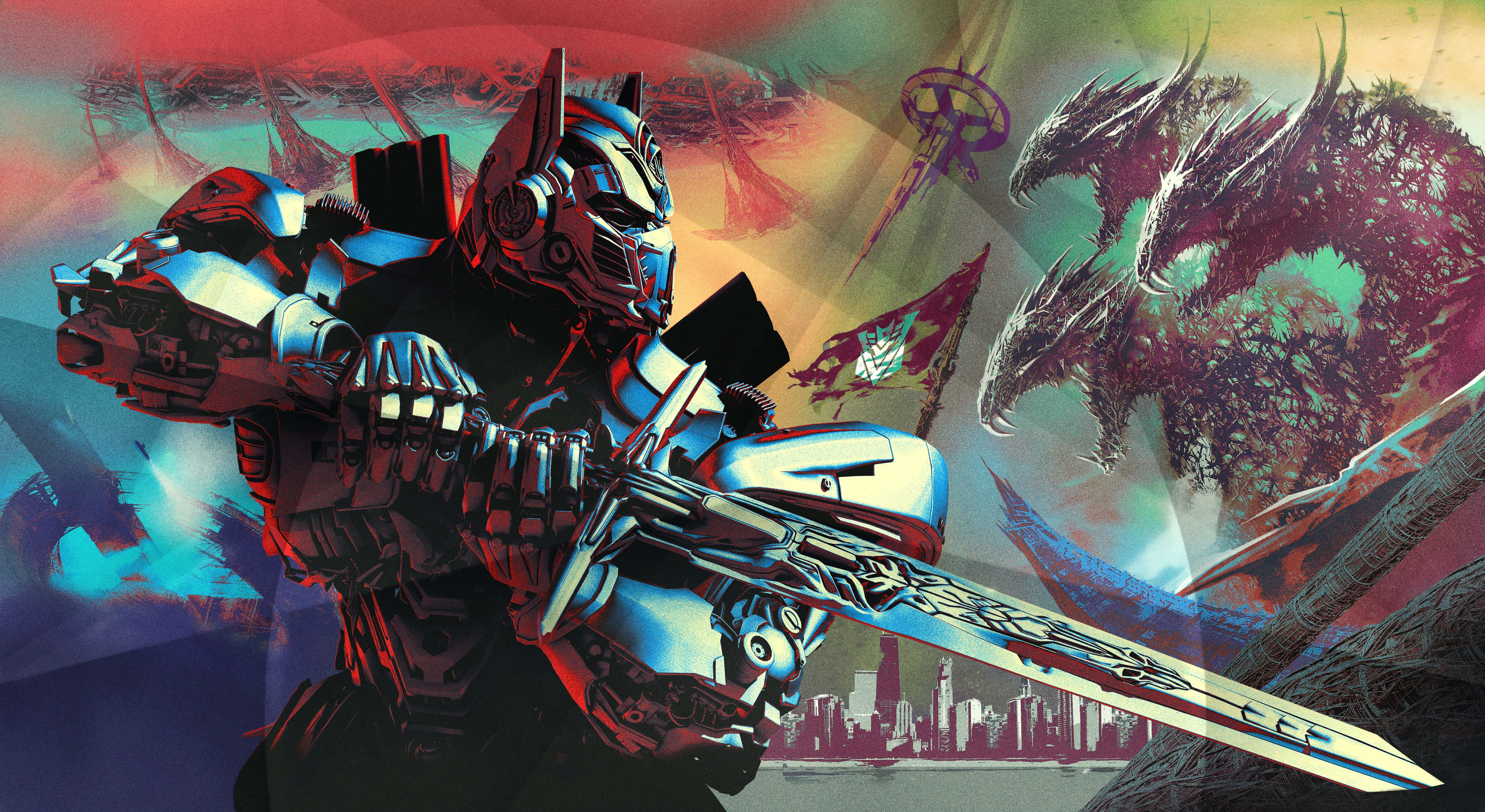 Optimus Prime, blue and red armor, glowing sword, 5K Desktop Wallpaper