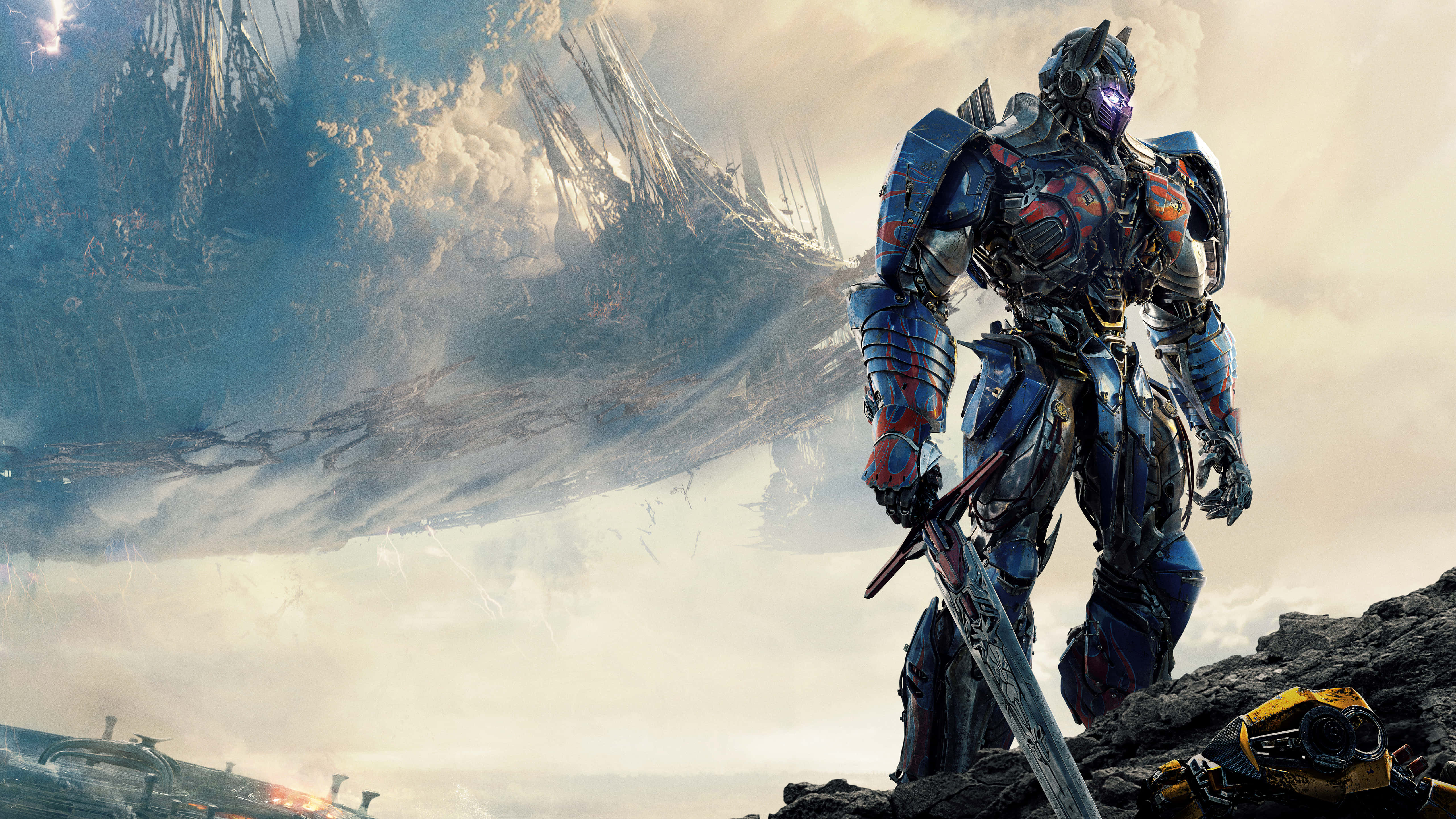 Optimus Prime, blue and red, ruined battlefield, 5K Desktop Wallpaper