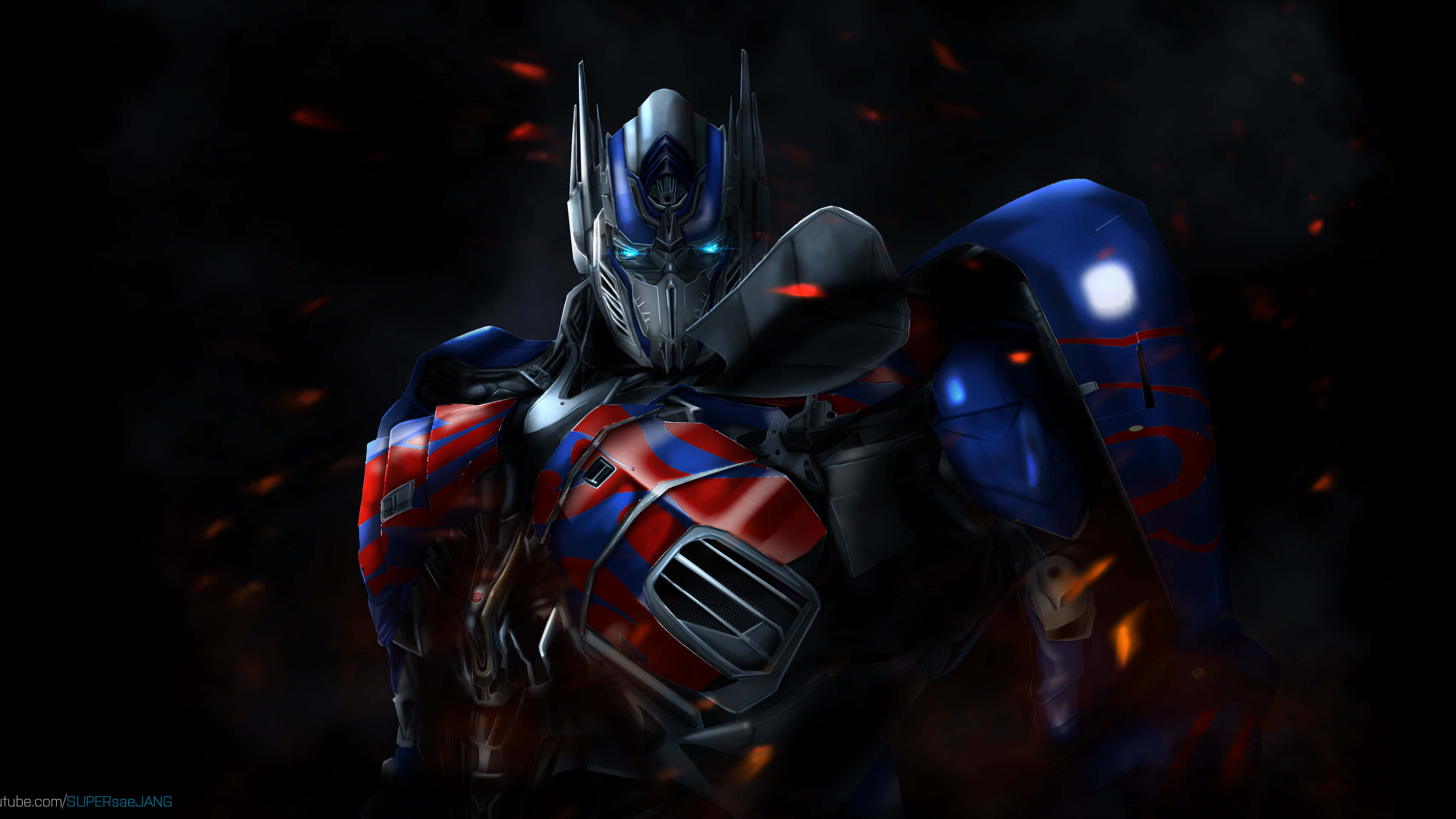 Optimus Prime, blue eyes, fiery embers, 4K Desktop Wallpaper