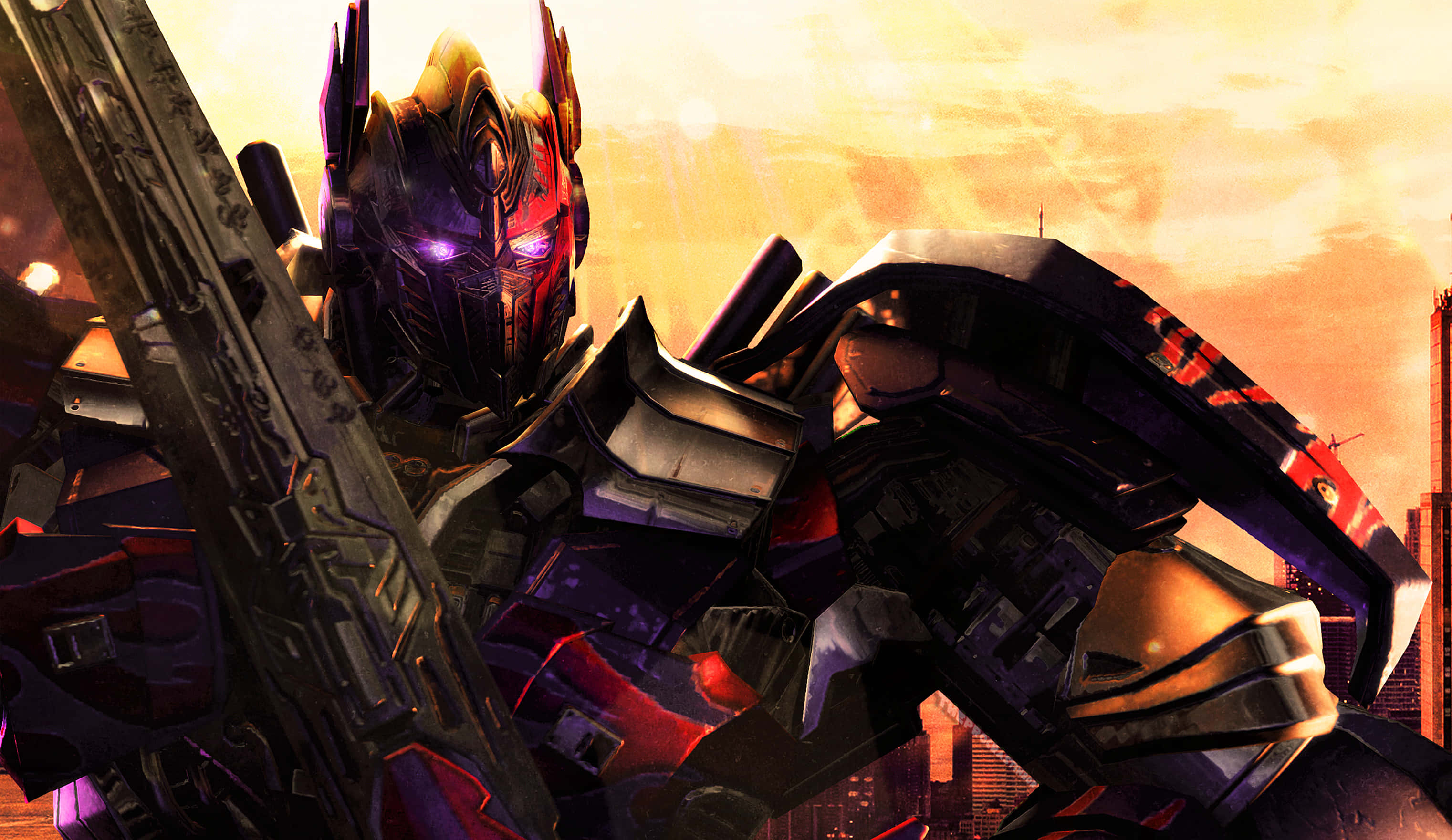 Optimus Prime, glowing purple eyes, massive sword, 2K Desktop Wallpaper
