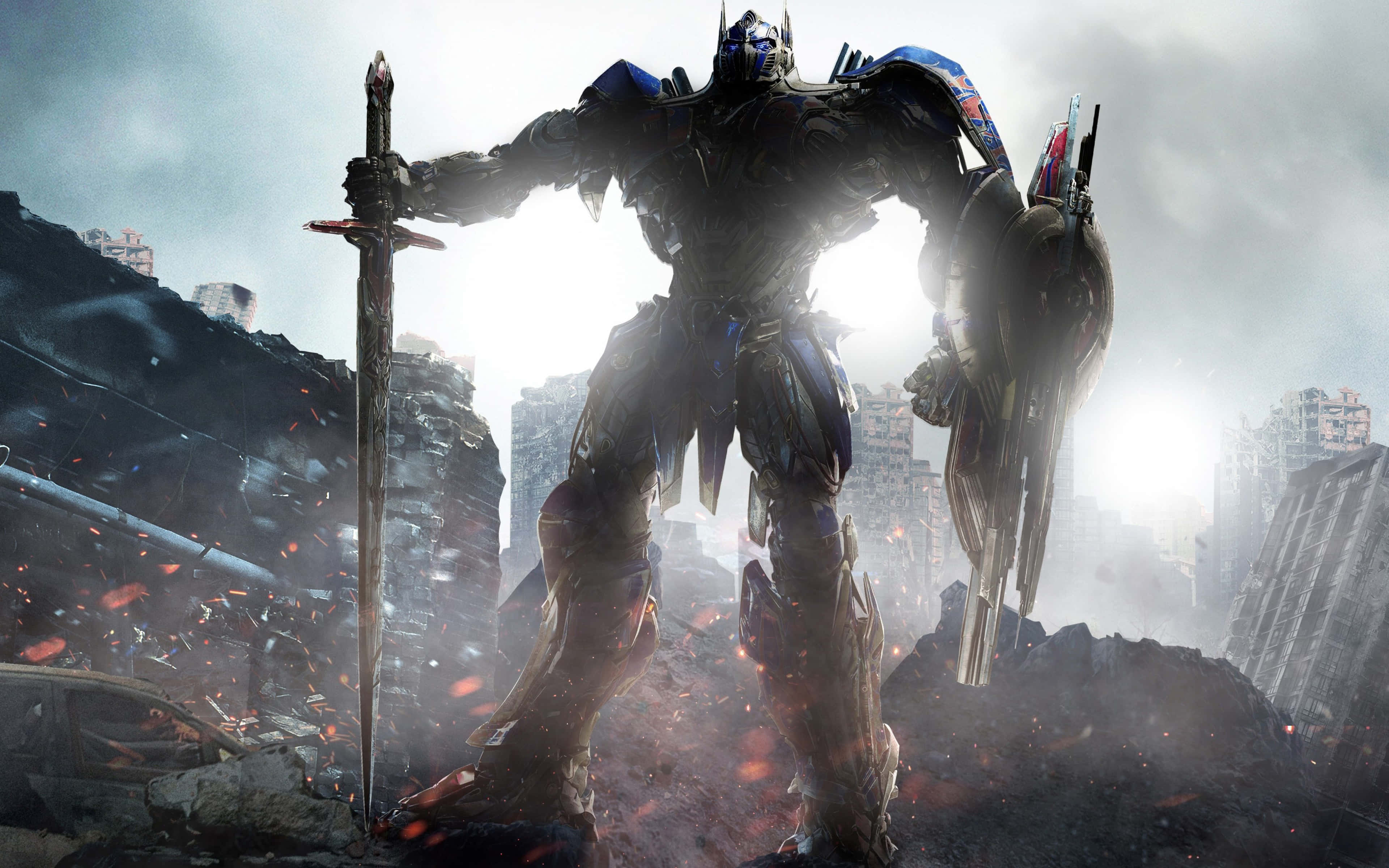 Optimus Prime, ruined cityscape, sword, 4K Desktop Wallpaper