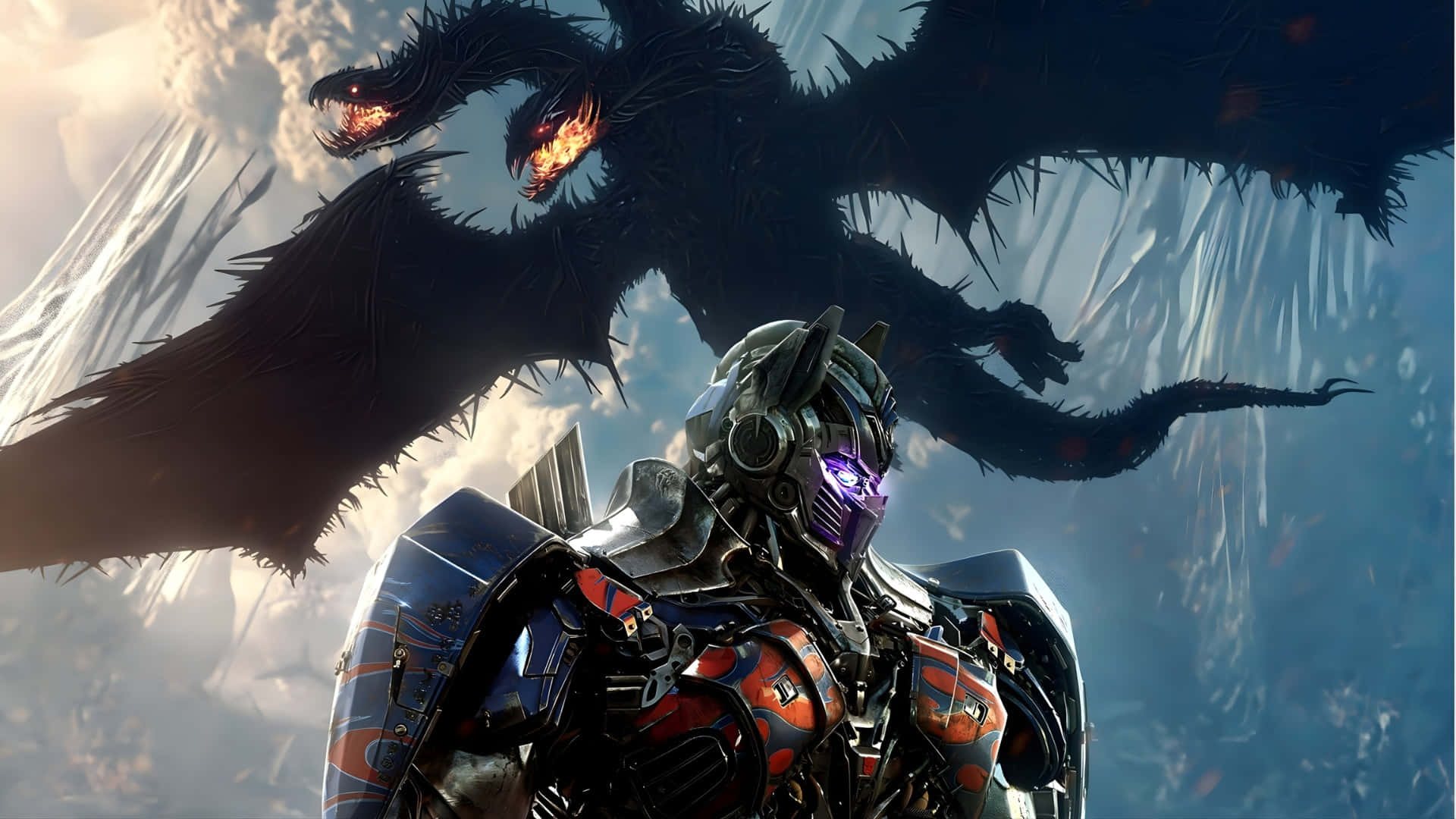 Optimus Prime, blue and red armor, massive black dragon, Full HD Desktop Wallpaper