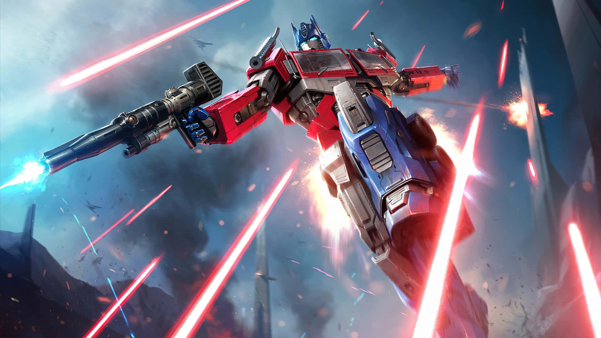 Optimus Prime, glowing blue cannon blast, red laser beams, Full HD Desktop Wallpaper