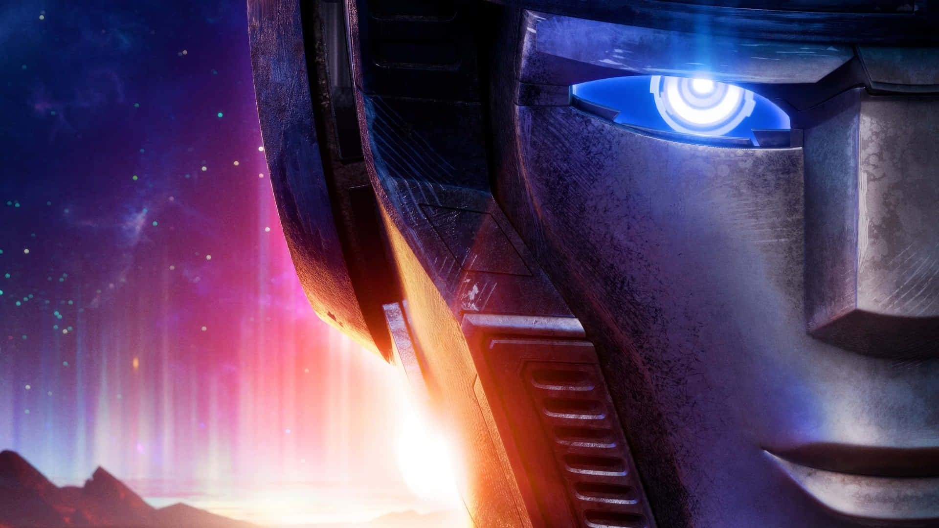 Optimus Prime, glowing blue eye, cosmic sky, Full HD Desktop Wallpaper