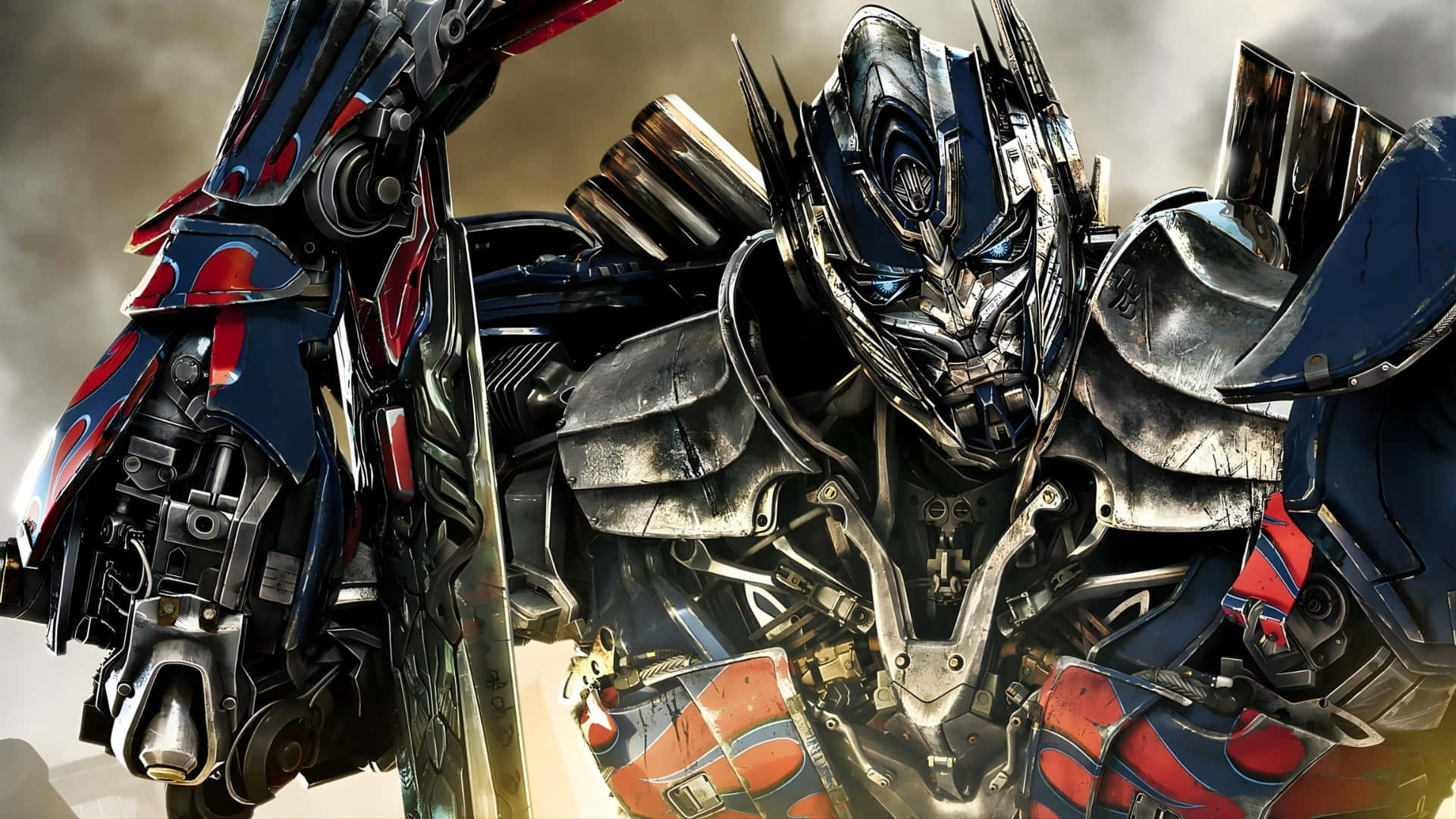 Optimus Prime, blue red and silver armor, glowing eyes, Full HD Desktop Wallpaper