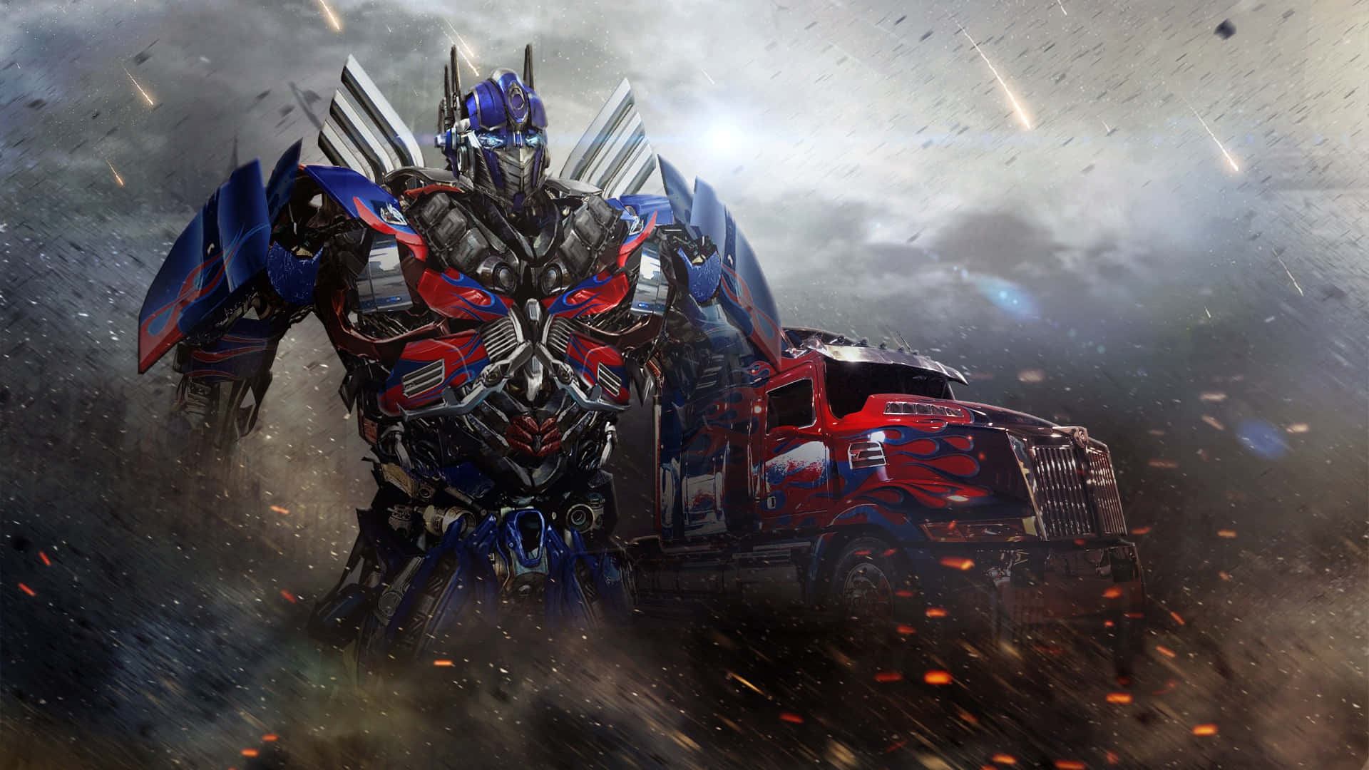 Optimus Prime, red and blue armor, storm of debris and sparks, Full HD Desktop Wallpaper