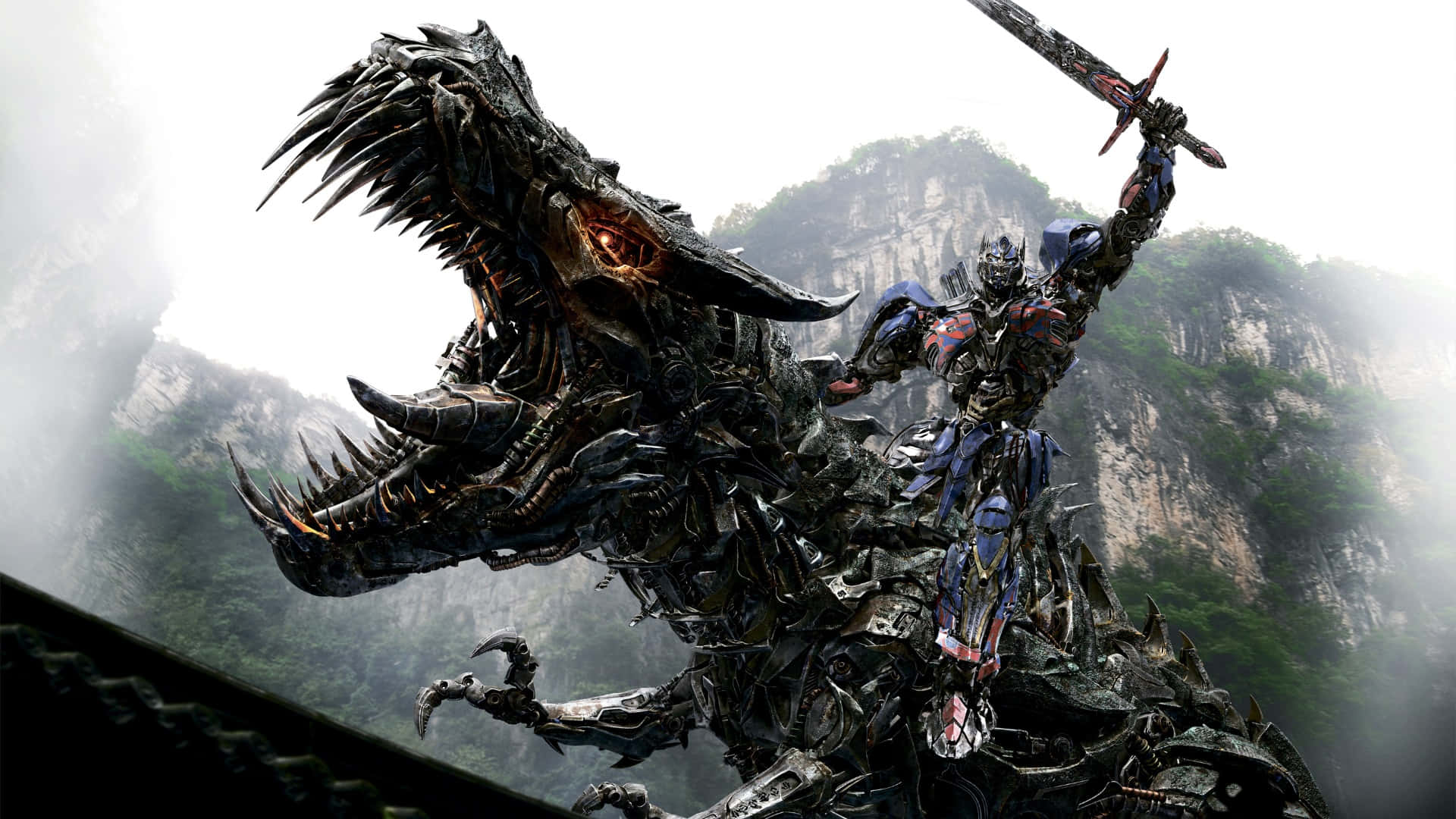 Optimus Prime, mechanical dragon, misty mountains, Full HD Desktop Wallpaper