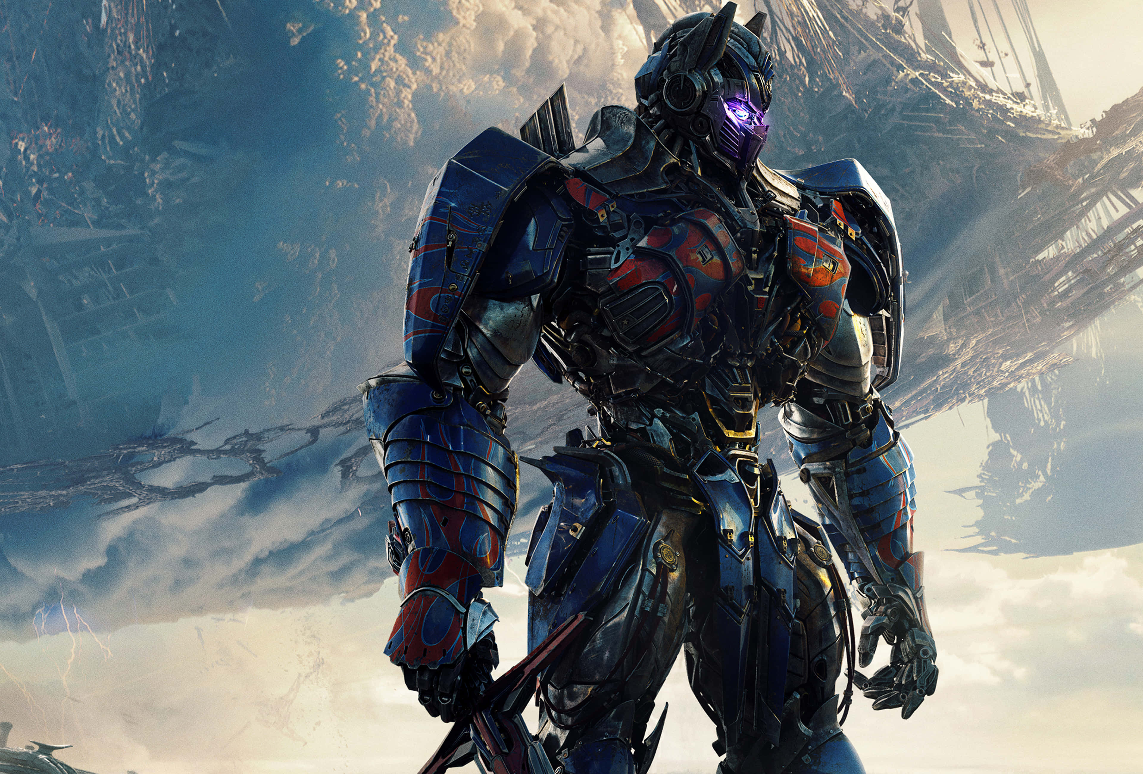 Optimus Prime, blue and red, glowing purple eyes, 4K Desktop Wallpaper