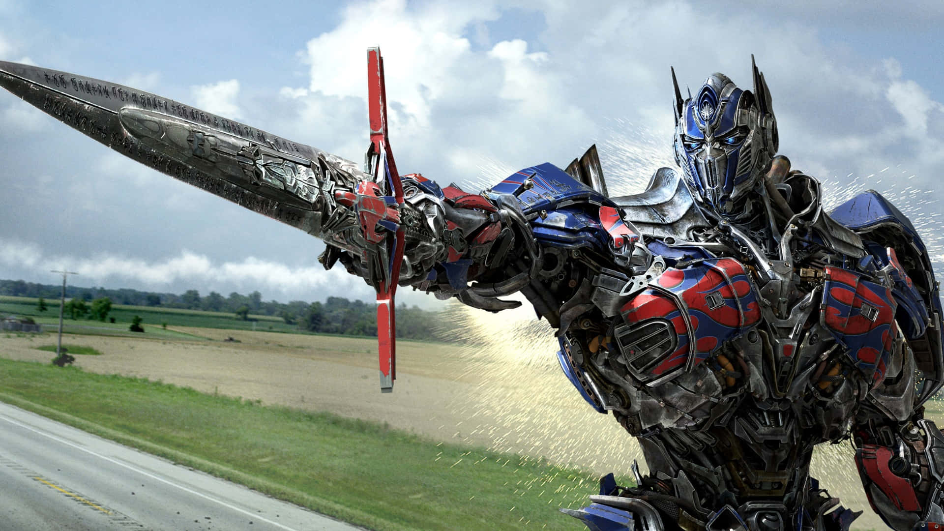 Optimus Prime, rural road, spinning sword, Full HD Desktop Wallpaper