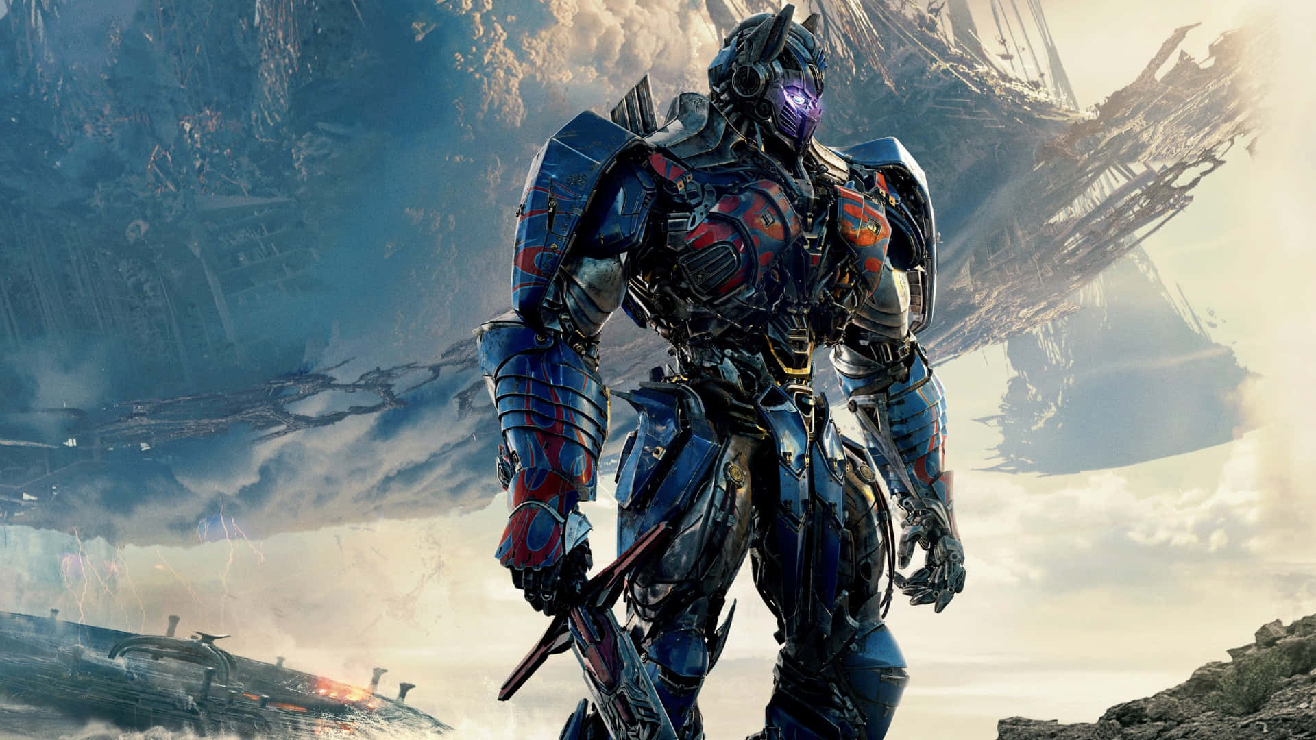 Optimus Prime, blue and red armored robot, shattered battlefield, Full HD Desktop Wallpaper