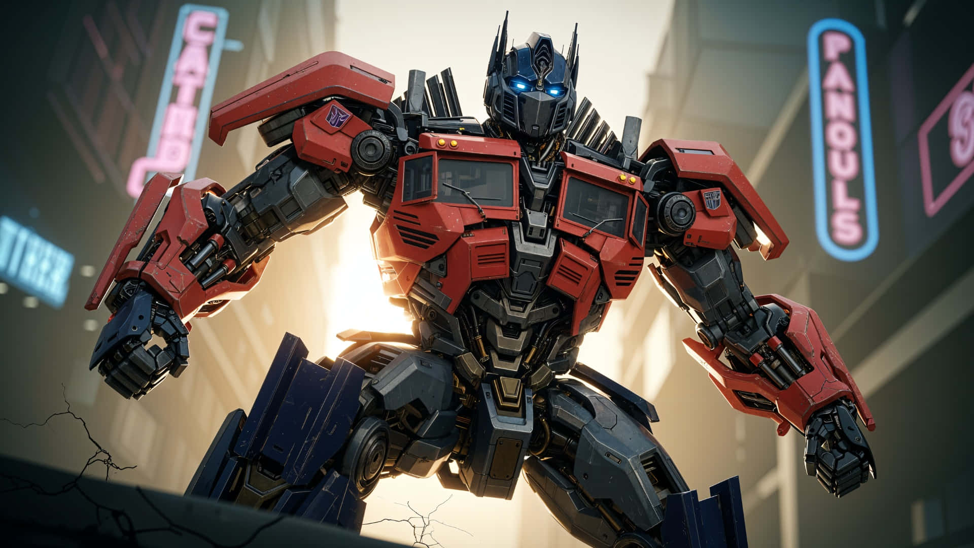 Optimus Prime, red and black, sunlit urban alley, Full HD Desktop Wallpaper