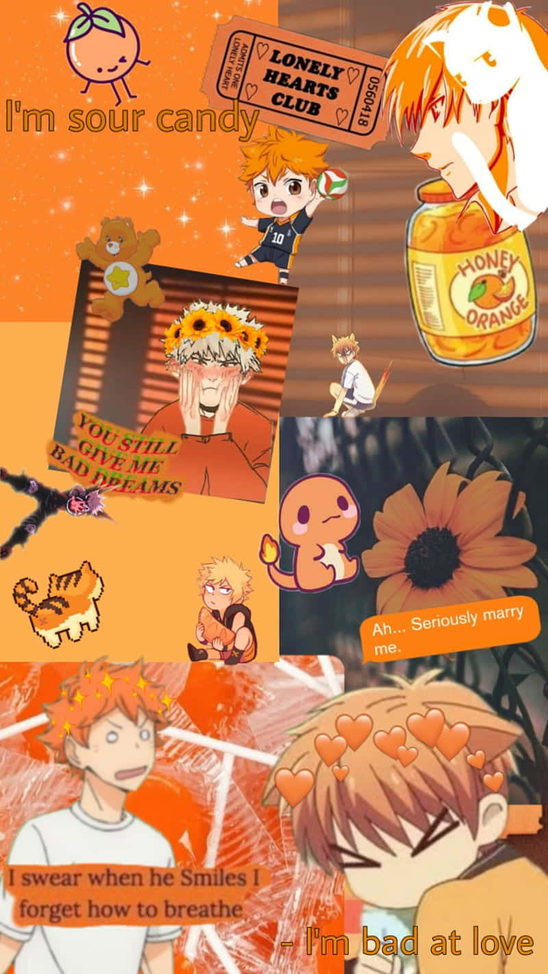 orange-haired characters, honey orange candy motifs, romantic text overlays, HD Phone Wallpaper