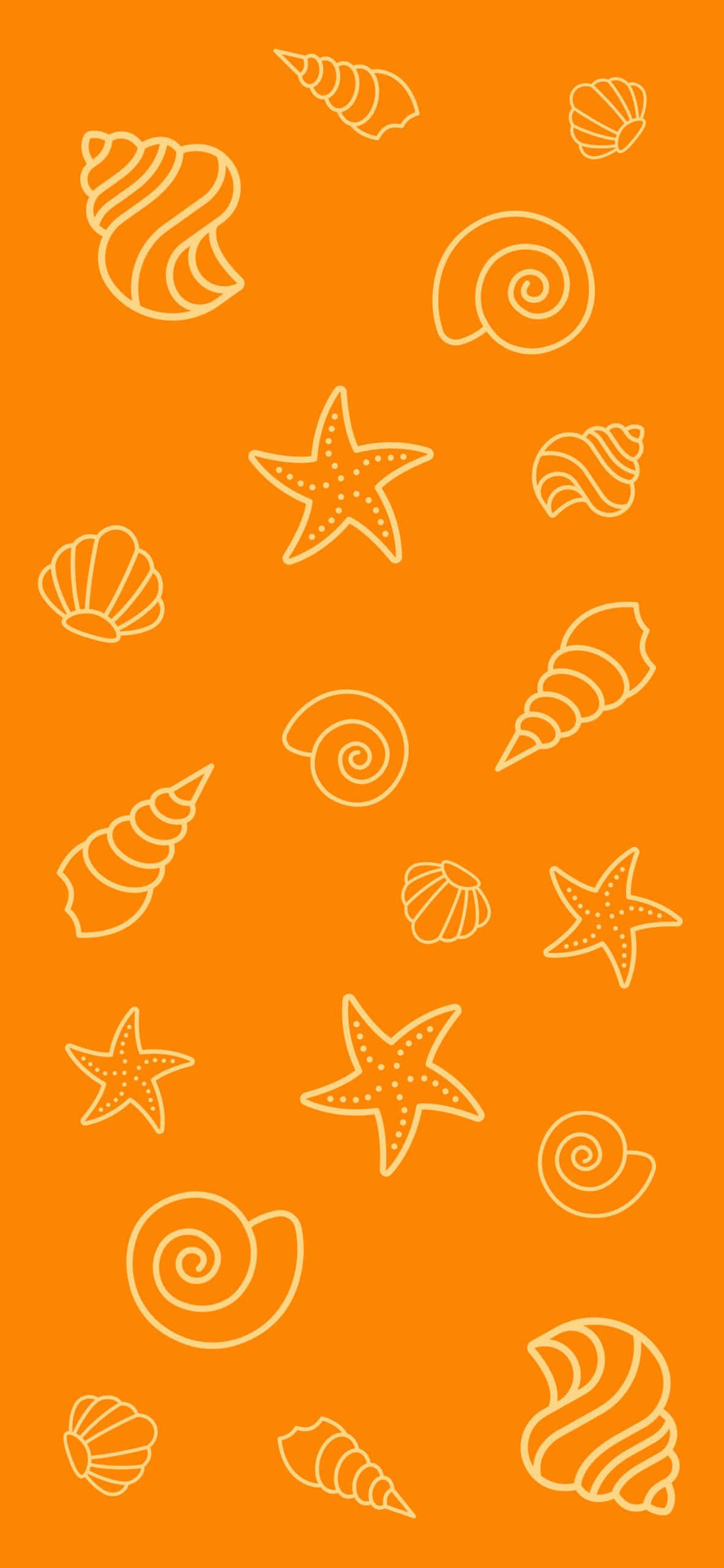 vibrant orange background, white outlined seashells, starfish, 2K Phone Wallpaper