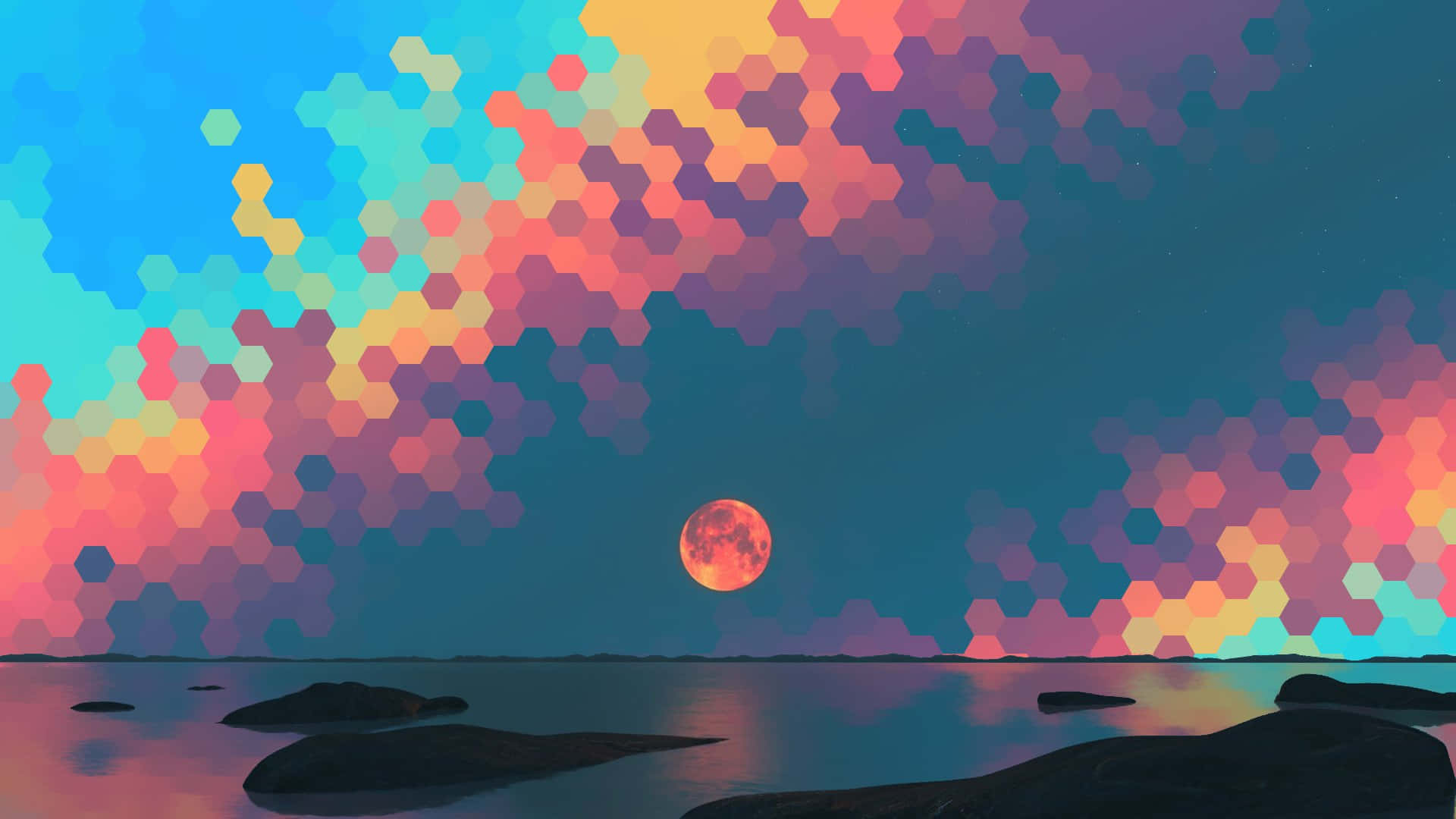 Orange And Teal, Full Moon, surreal hexagonal sunset sky, Full HD Desktop Wallpaper