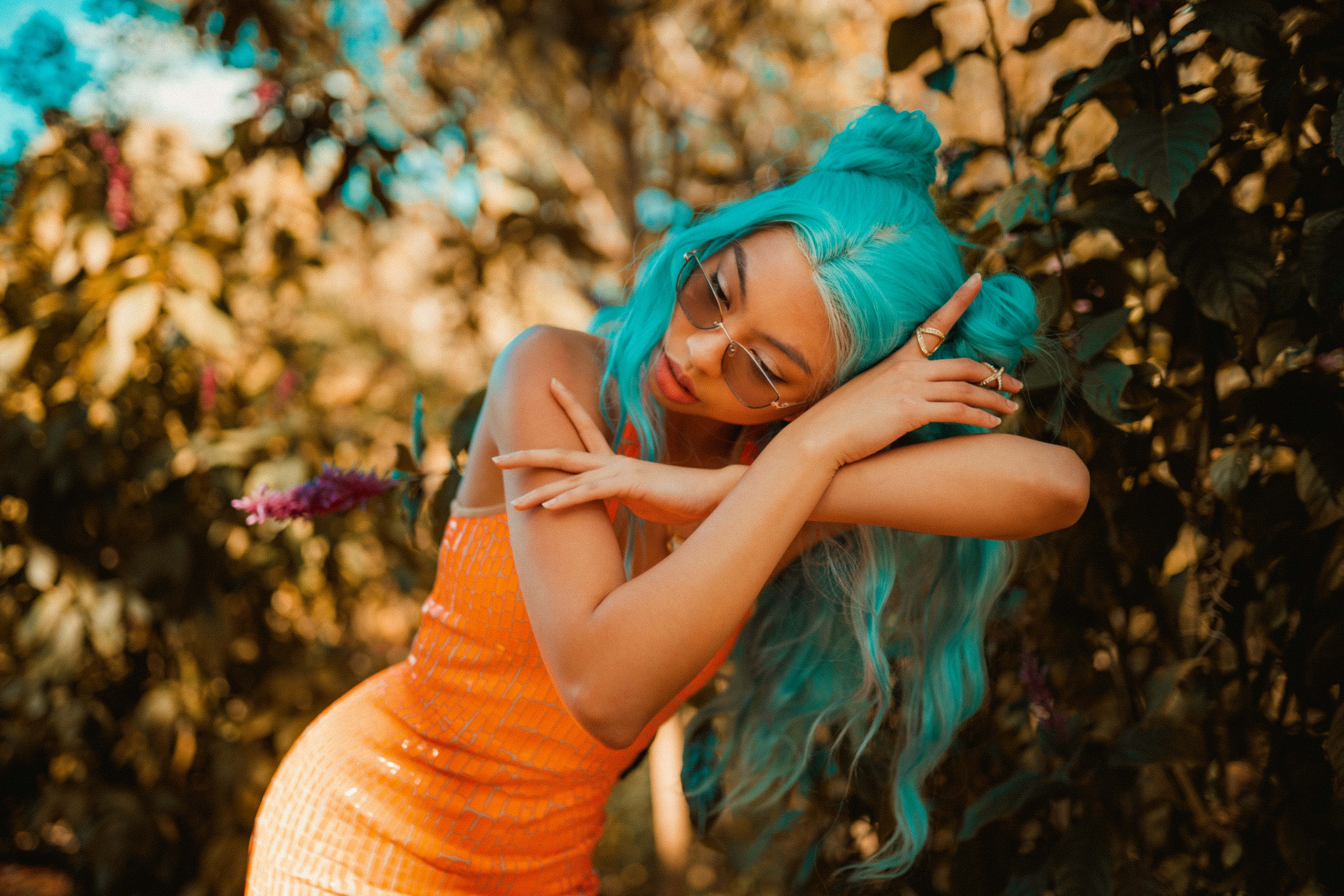 Orange And Teal, turquoise hair, orange dress, 5K Desktop Wallpaper