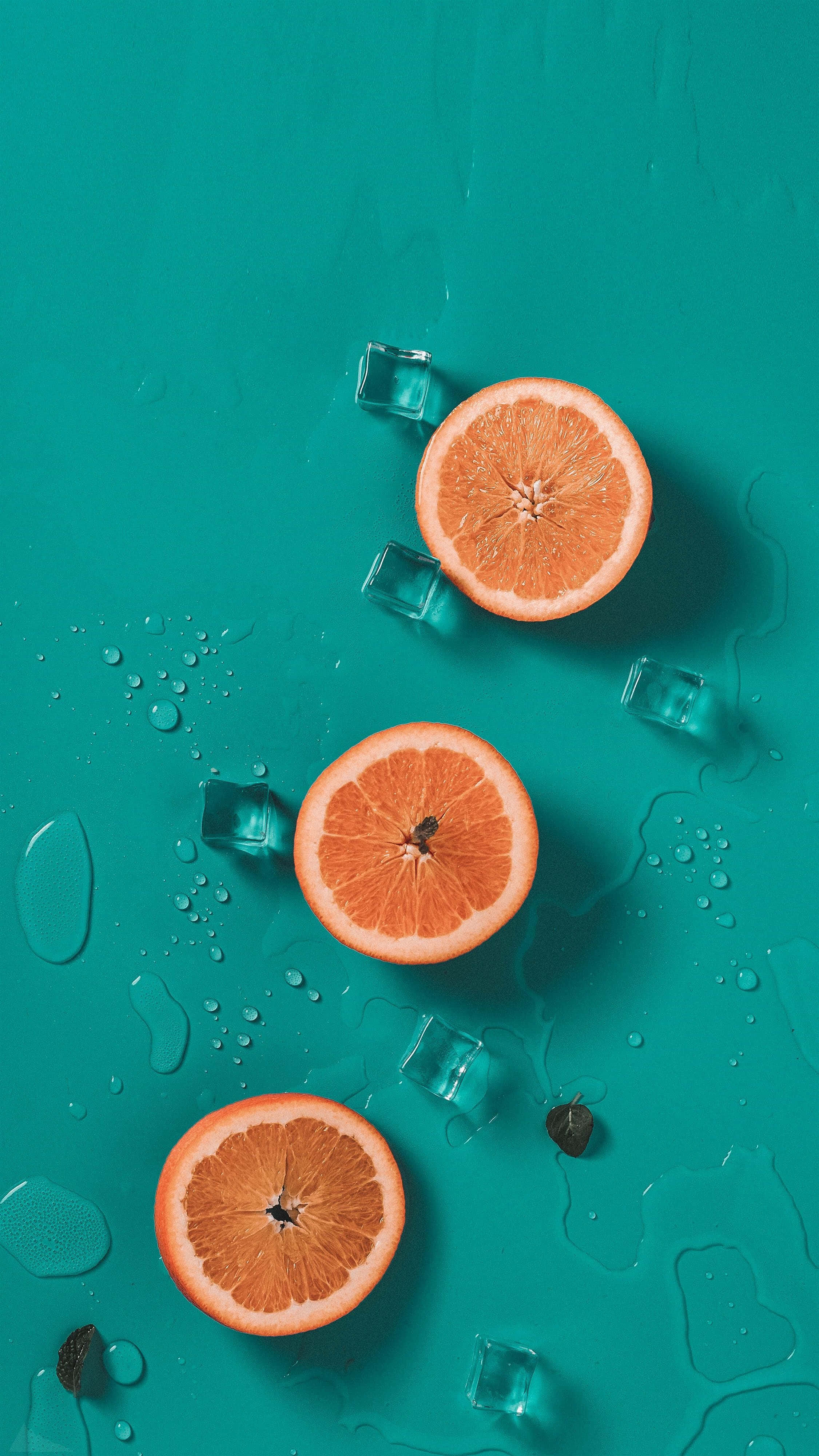 Orange, Teal, Ice cubes, 4K Phone Wallpaper