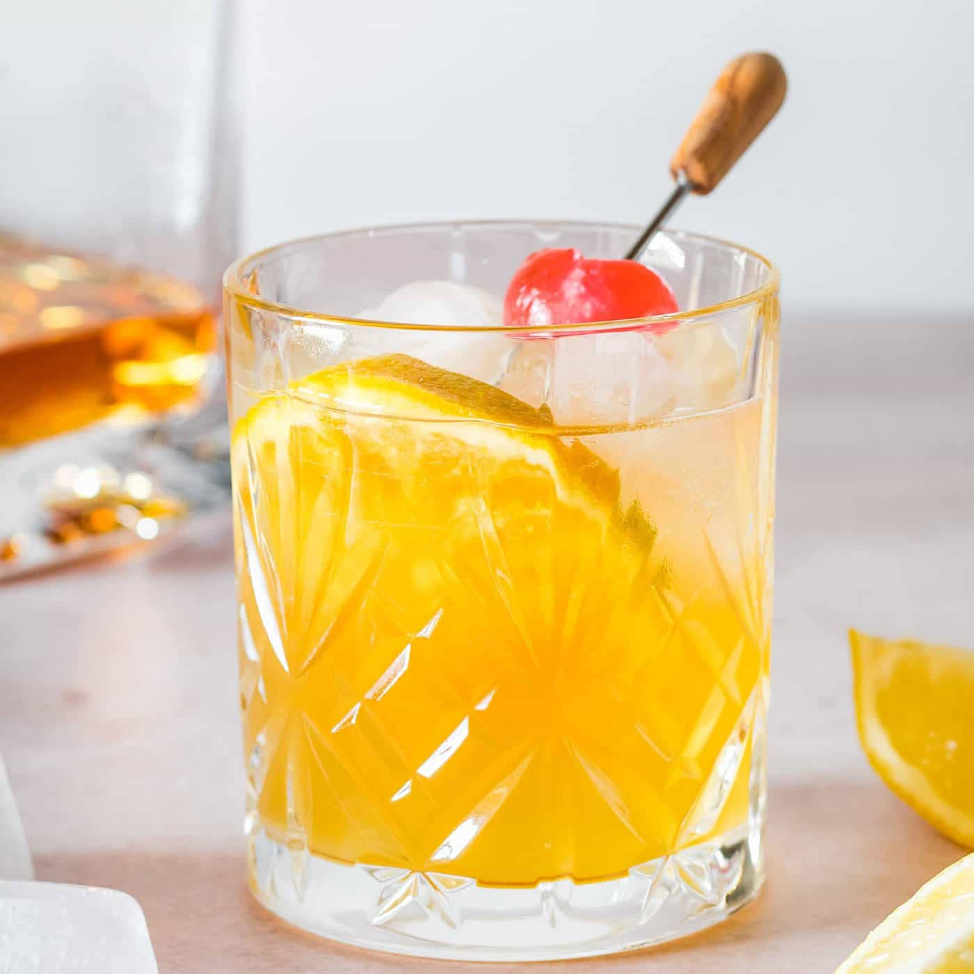 orange cocktail, faceted glass, cherry, HD Desktop Wallpaper