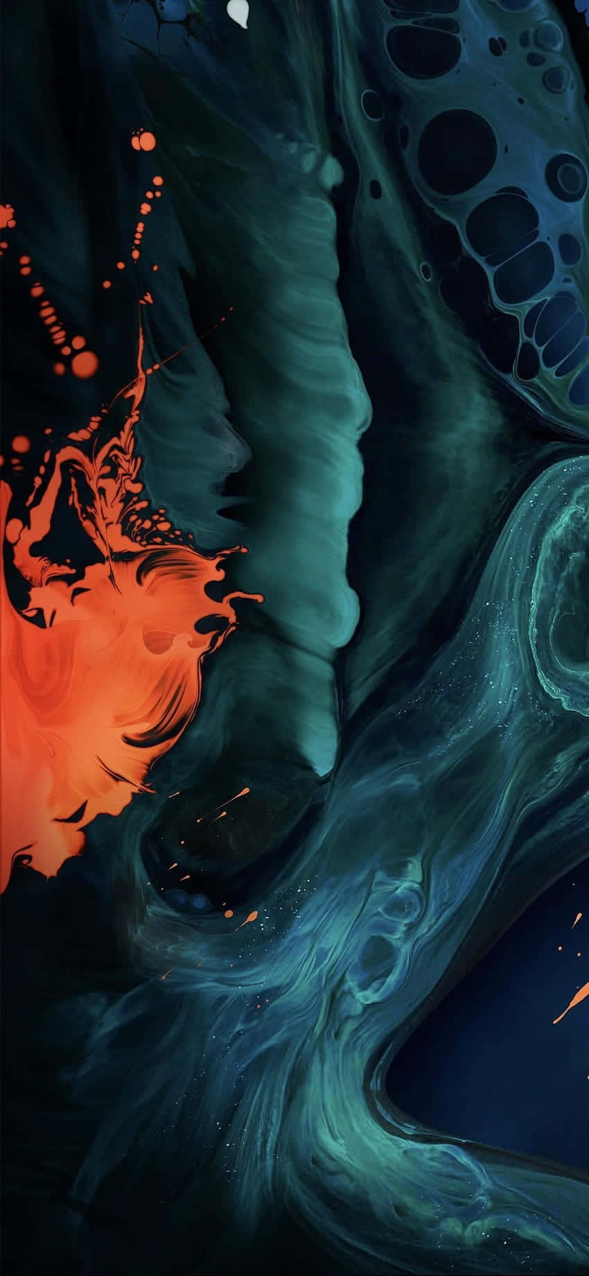 orange paint splatters, swirling teal, black abstract fluid art, HD Phone Wallpaper