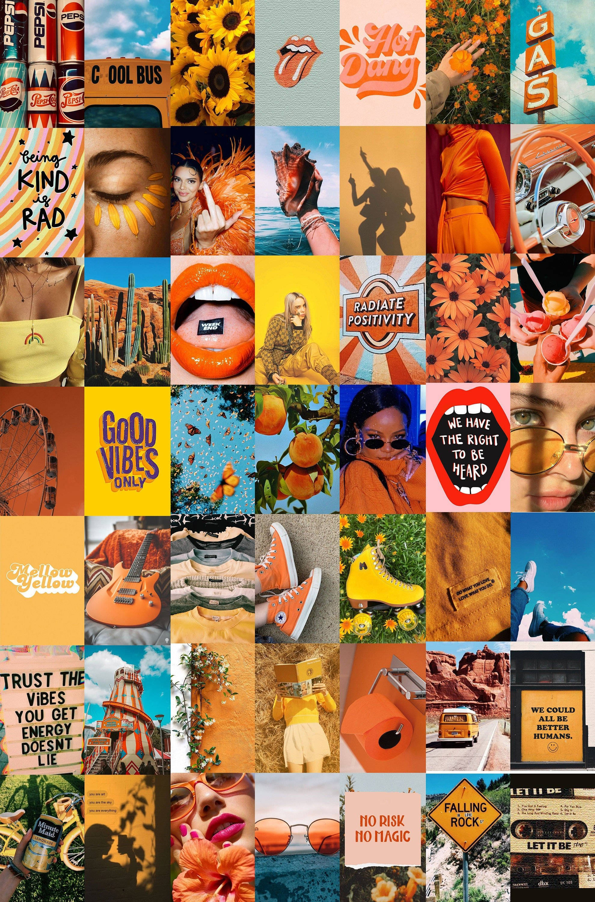 Yellow-Orange Summer Vibes, orange themed pop culture icons, retro sunflower, 2K Phone Wallpaper