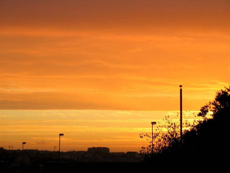 Orange And Yellow Sky, vibrant orange sunset, urban skyline, SD Desktop Wallpaper