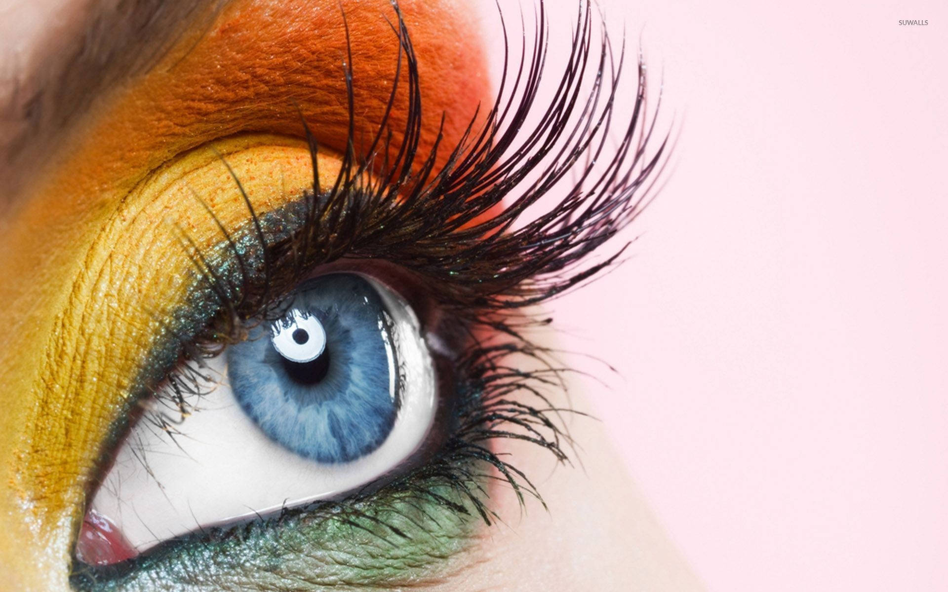 orange and yellow eye makeup, vivid blue eye, dramatic orange yellow and green eyeshadow, Full HD Desktop Wallpaper
