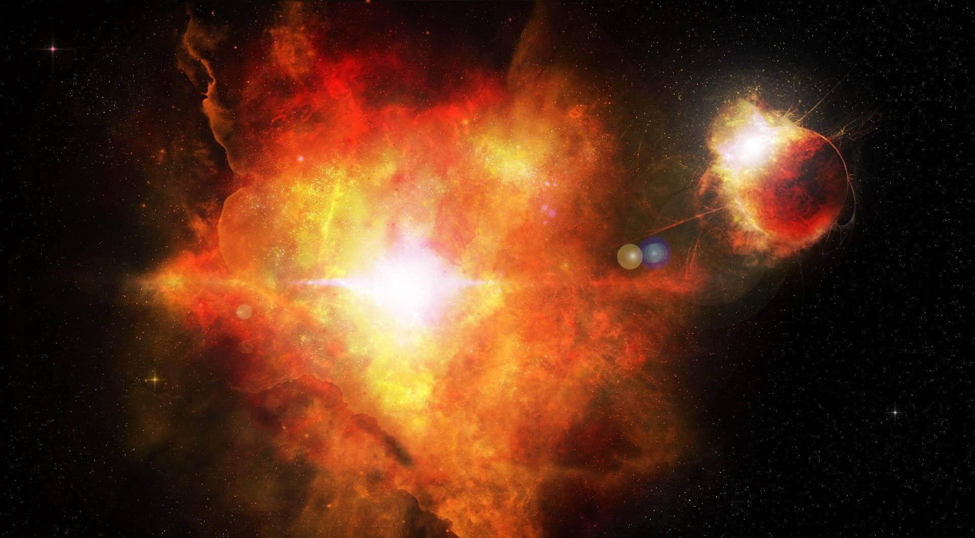 red orange and yellow nebula, fiery orange and yellow light, star-speckled black void, Full HD Desktop Wallpaper