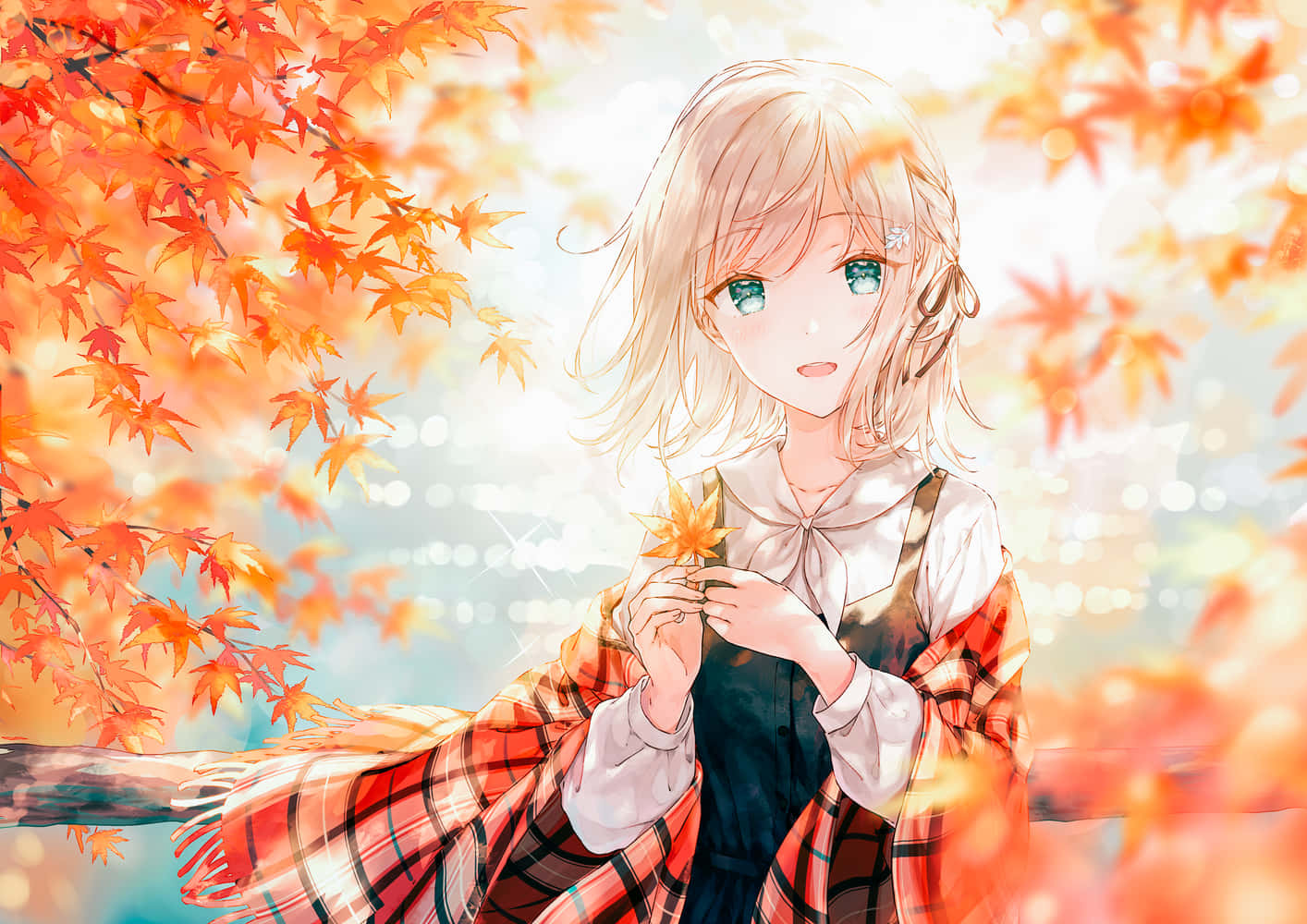 blonde anime girl, blue eyes, maple leaf, HD Desktop Wallpaper