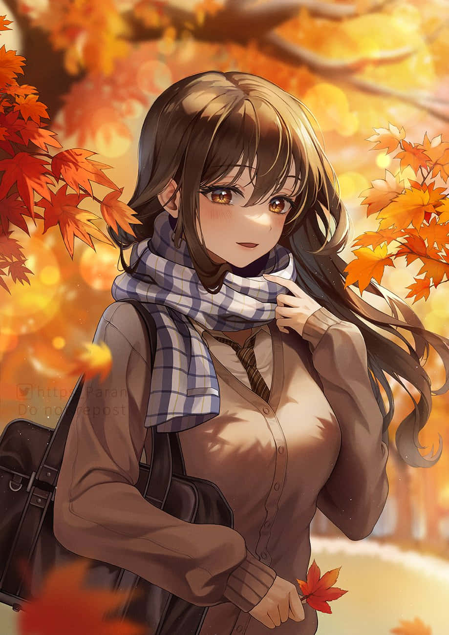 orange anime girl, autumn, vibrant orange autumn leaves, HD Phone Wallpaper