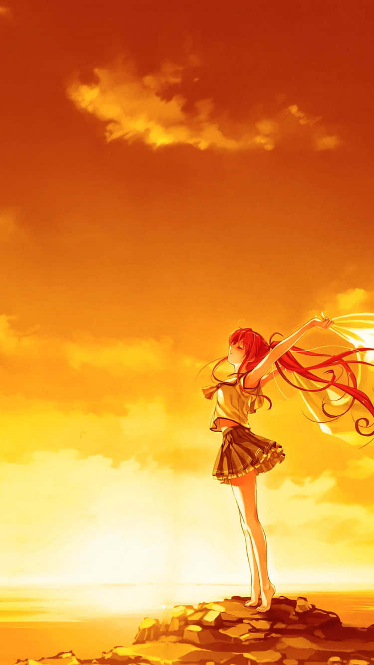 orange anime girl, red-haired anime girl, rocky cliff, HD Phone Wallpaper