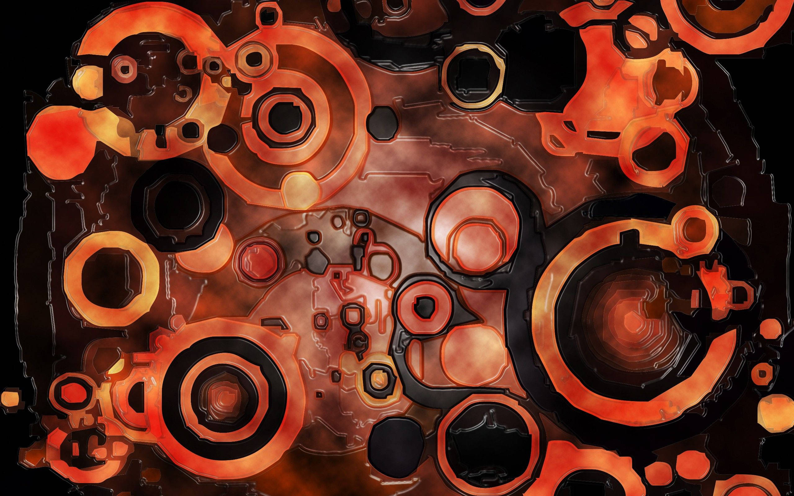 textured orange circle, glowing orange, black circular shapes, 2K Desktop Wallpaper