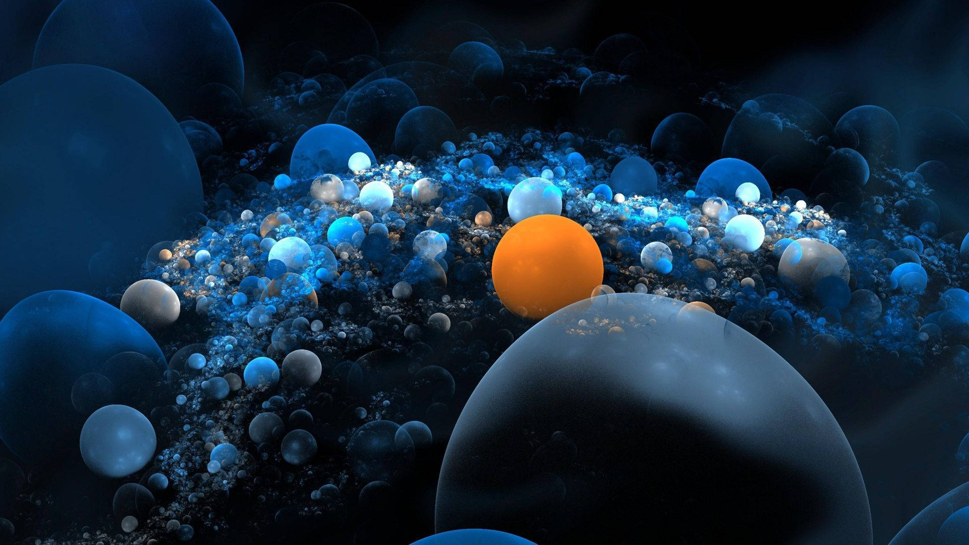 Orange Circle, blue spheres, glowing orange sphere, Full HD Desktop Wallpaper