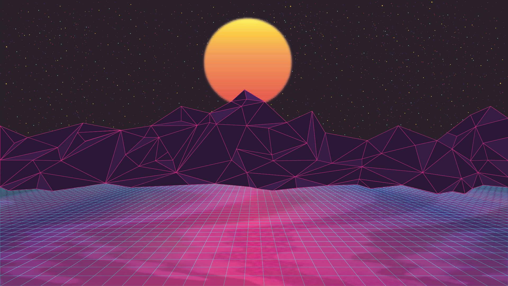 Orange Circle, Bright Moon, retrofuturistic landscape, Full HD Desktop Wallpaper