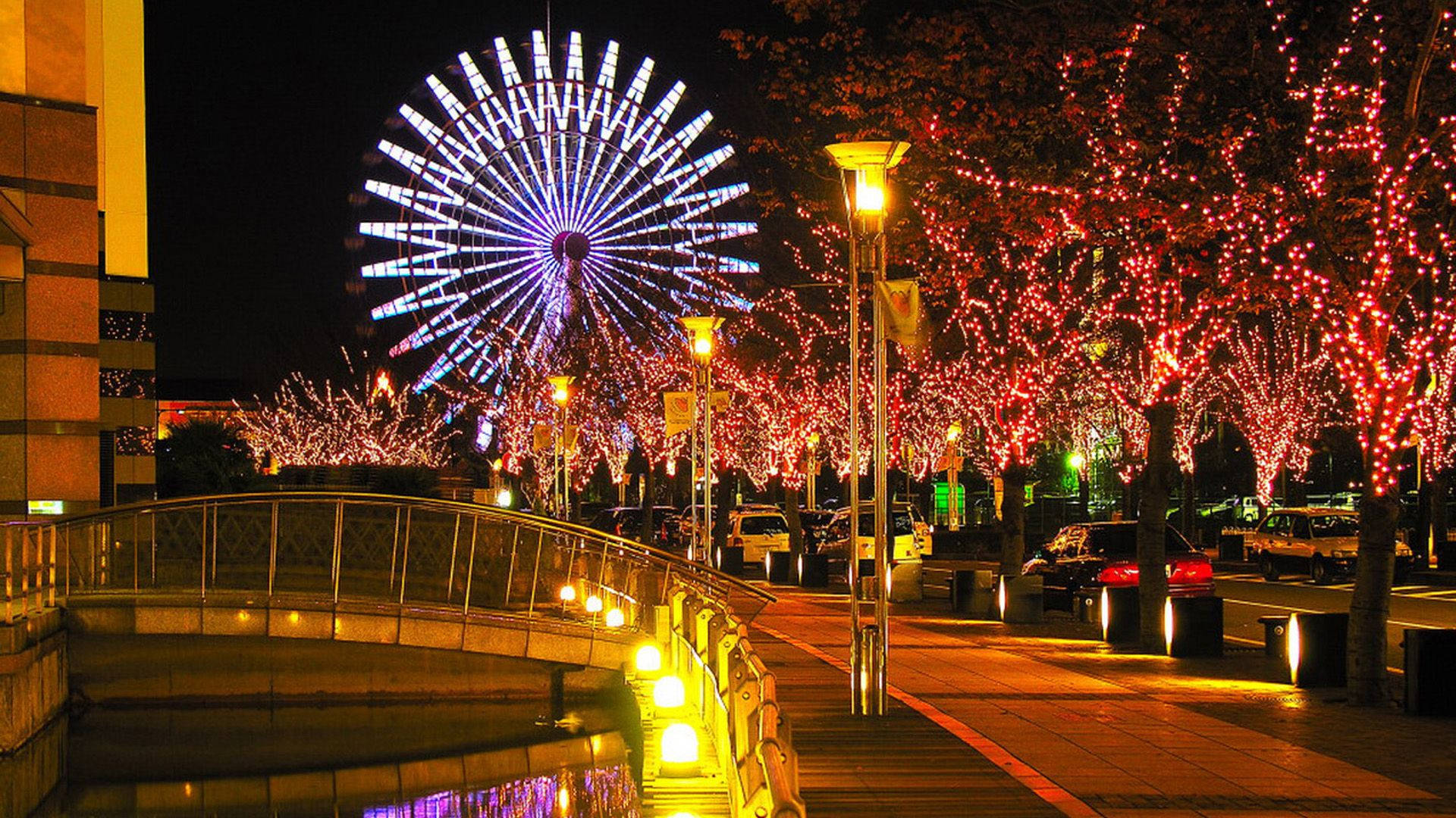 Orange City, Ferris wheel, red lights, Full HD Desktop Wallpaper