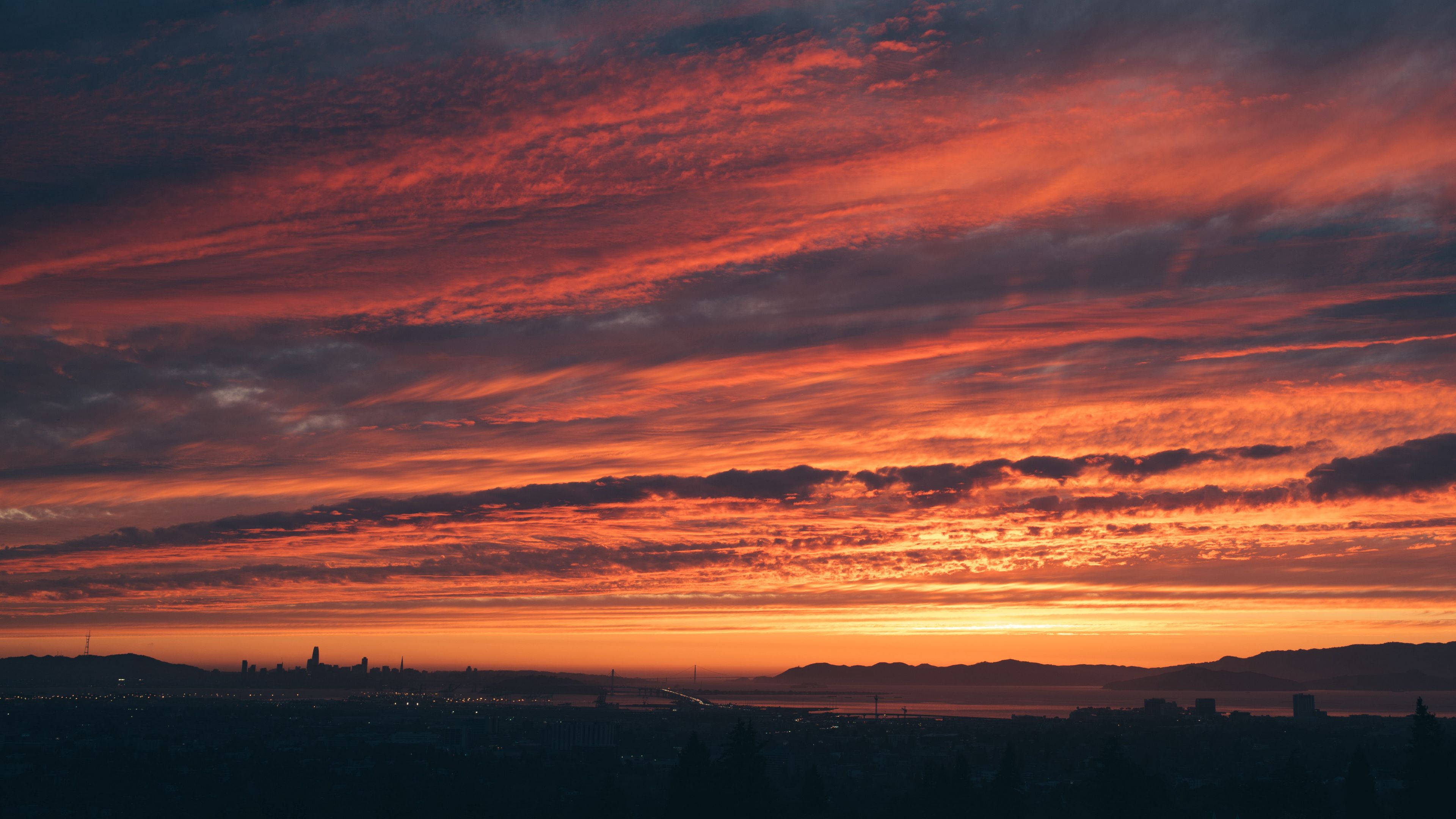 Gloomy Sunset Horizon, fiery orange, red hues, 4K Desktop Wallpaper