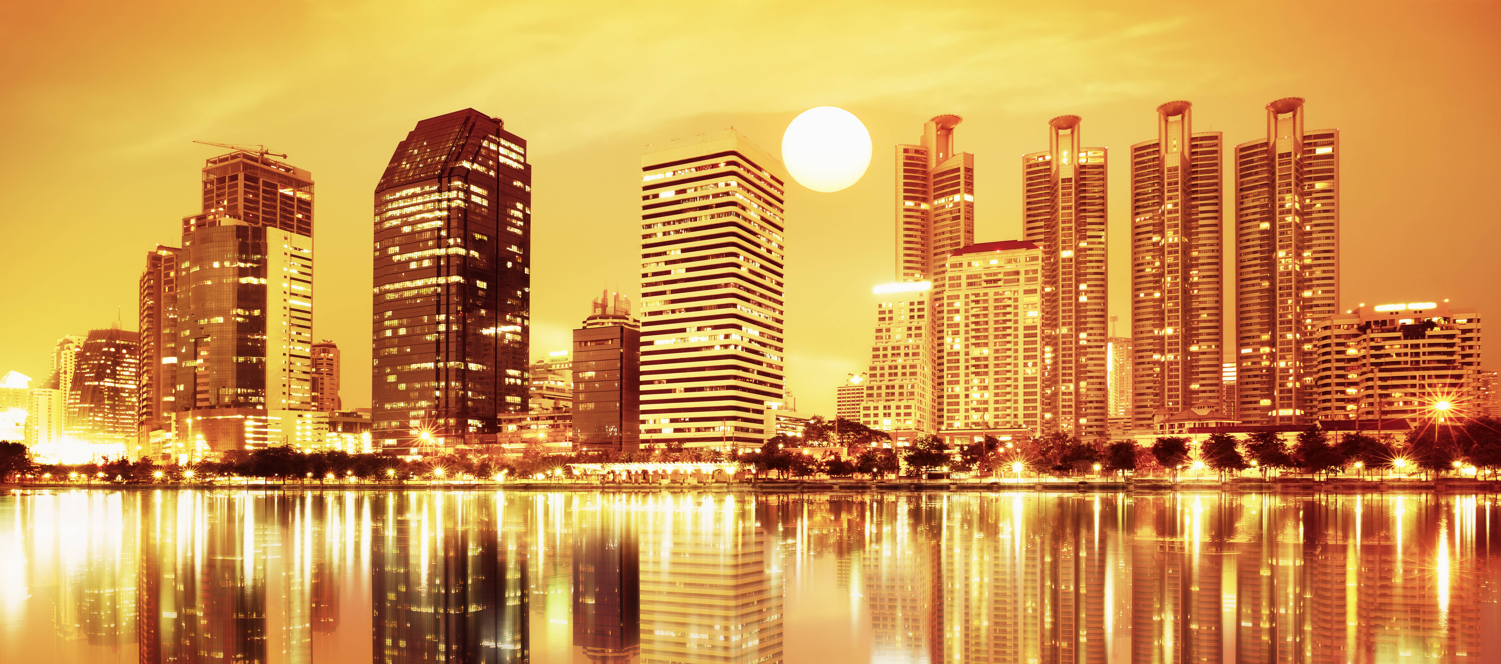 Orange City, skyscrapers, golden sunset, 5K Desktop Wallpaper