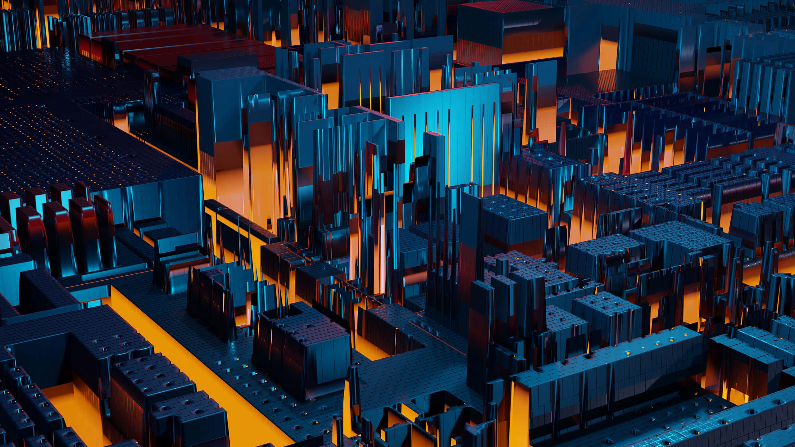 Orange And Blue Light City Building, glowing orange, blue geometric buildings, 2K Desktop Wallpaper