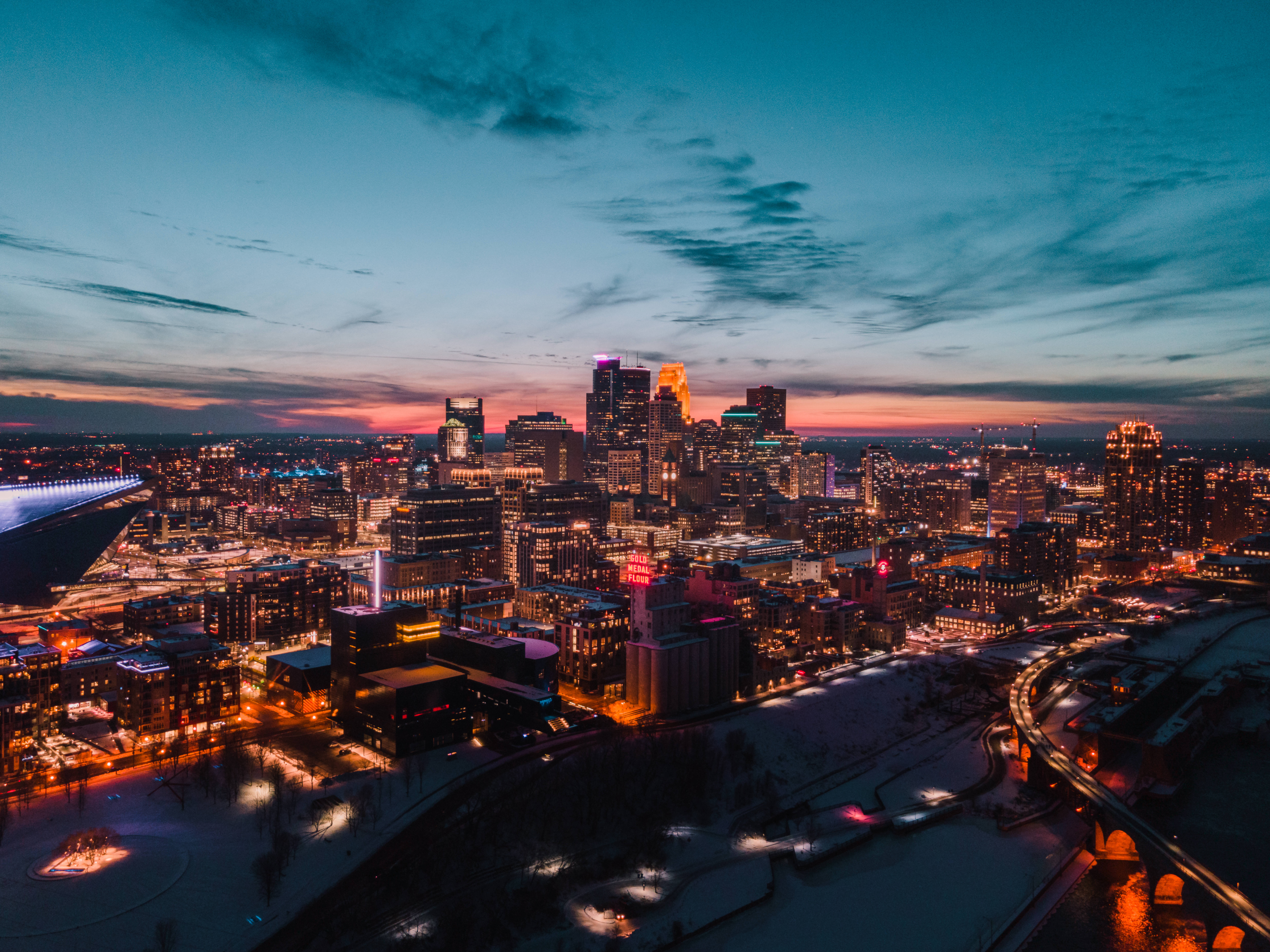 Orange Aesthetic Cityscape Light, snowy cityscape, dusk, 8K Desktop Wallpaper