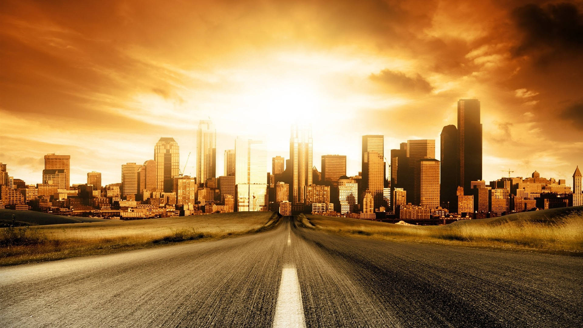 golden sunset, sprawling city skyline, long straight road, Full HD Desktop Wallpaper