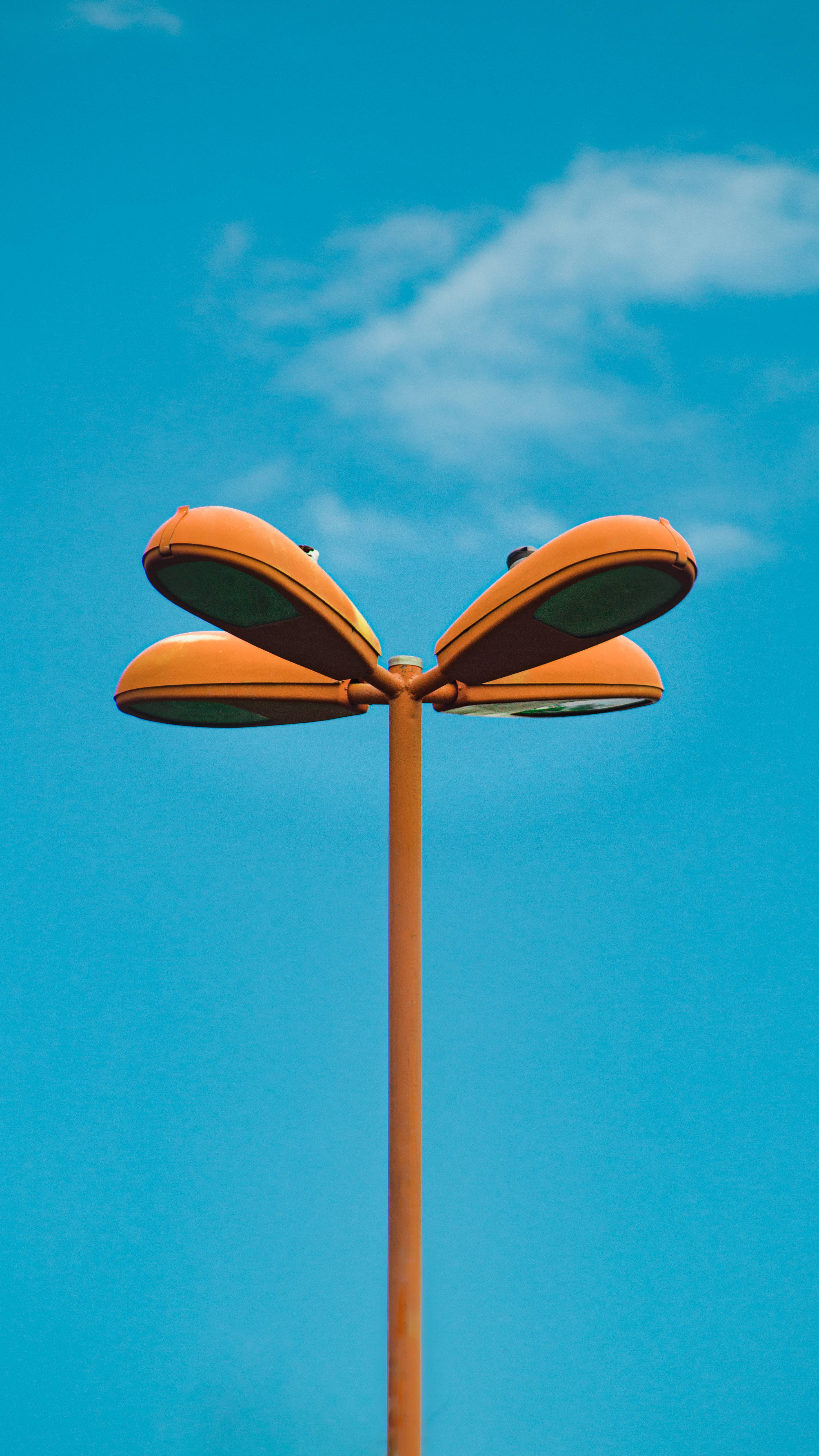 orange aesthetic streetlight, four lamps, clear blue sky, 5K Phone Wallpaper