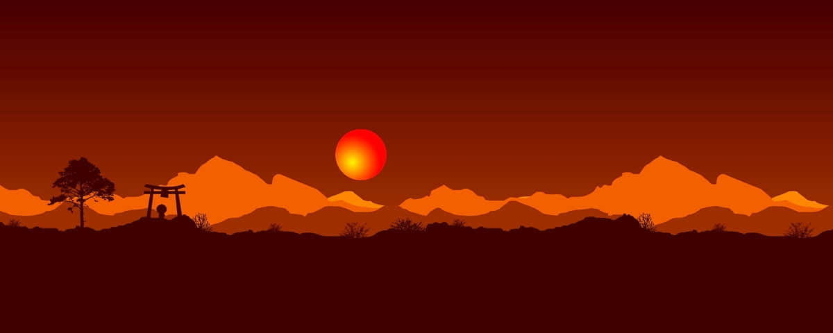 torii gate, sunset, fiery orange mountains, SD Desktop Wallpaper