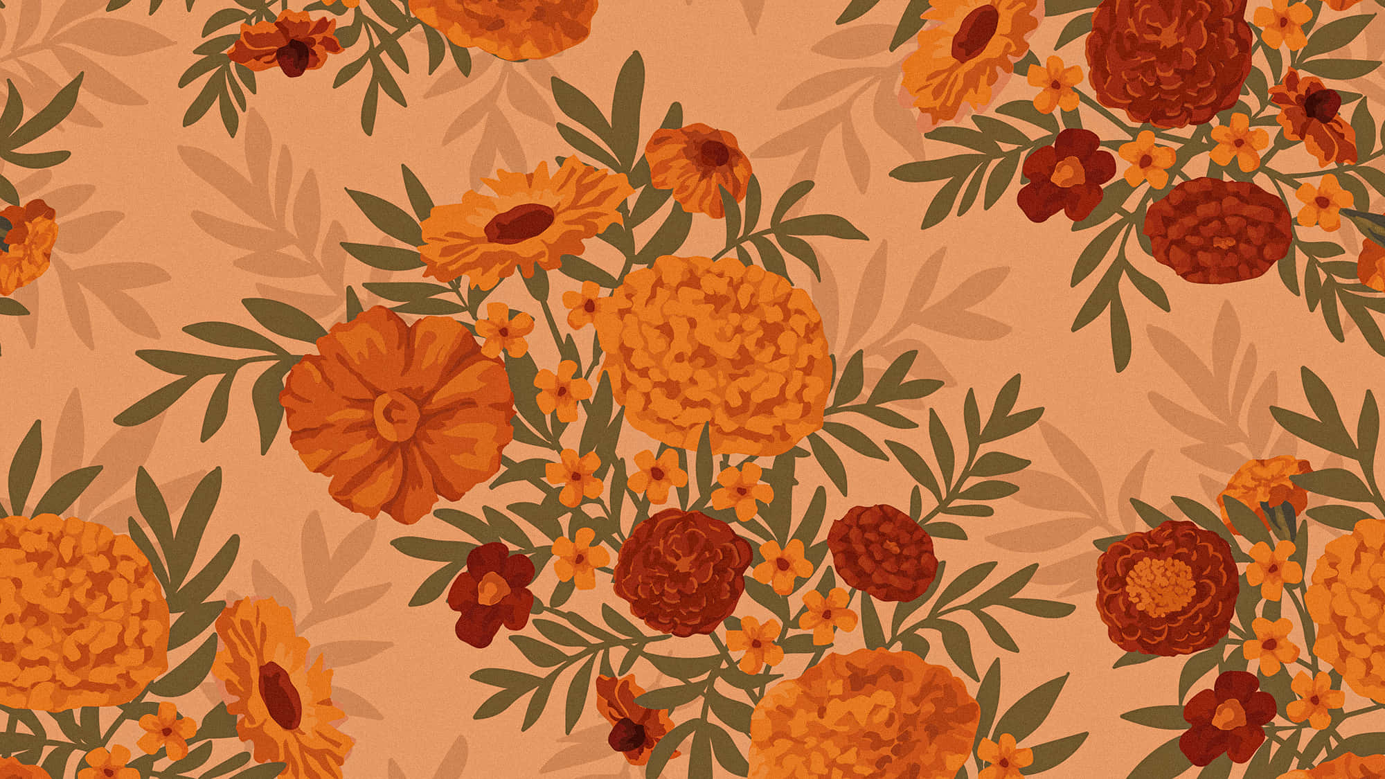 orange desktop, vibrant orange marigolds, green leaves, Full HD Desktop Wallpaper