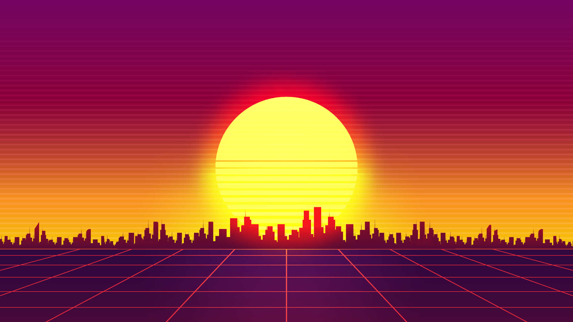 Orange Desktop, retro-futuristic city skyline, sunset, Full HD Desktop Wallpaper