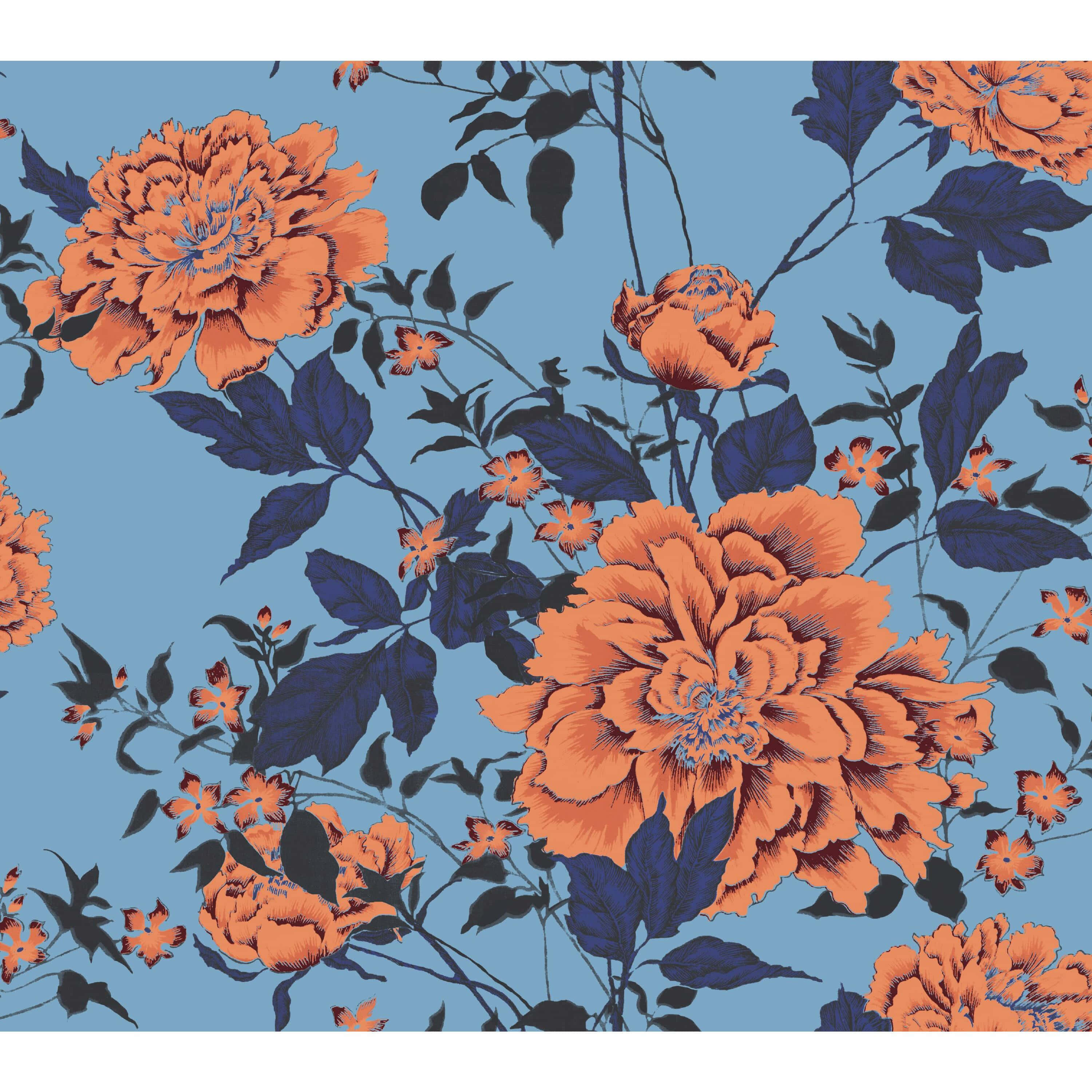 orange peonies, dark blue leaves, soft blue background, 2K Desktop Wallpaper