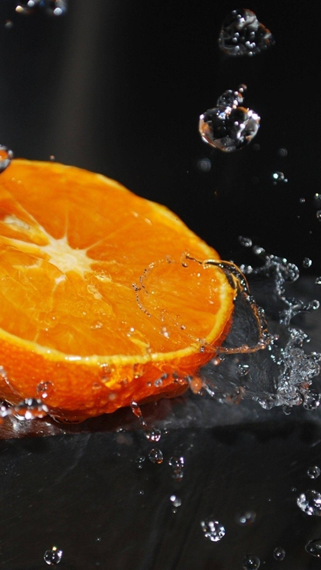 Orange Fruit, water splashes, black background, Full HD Phone Wallpaper