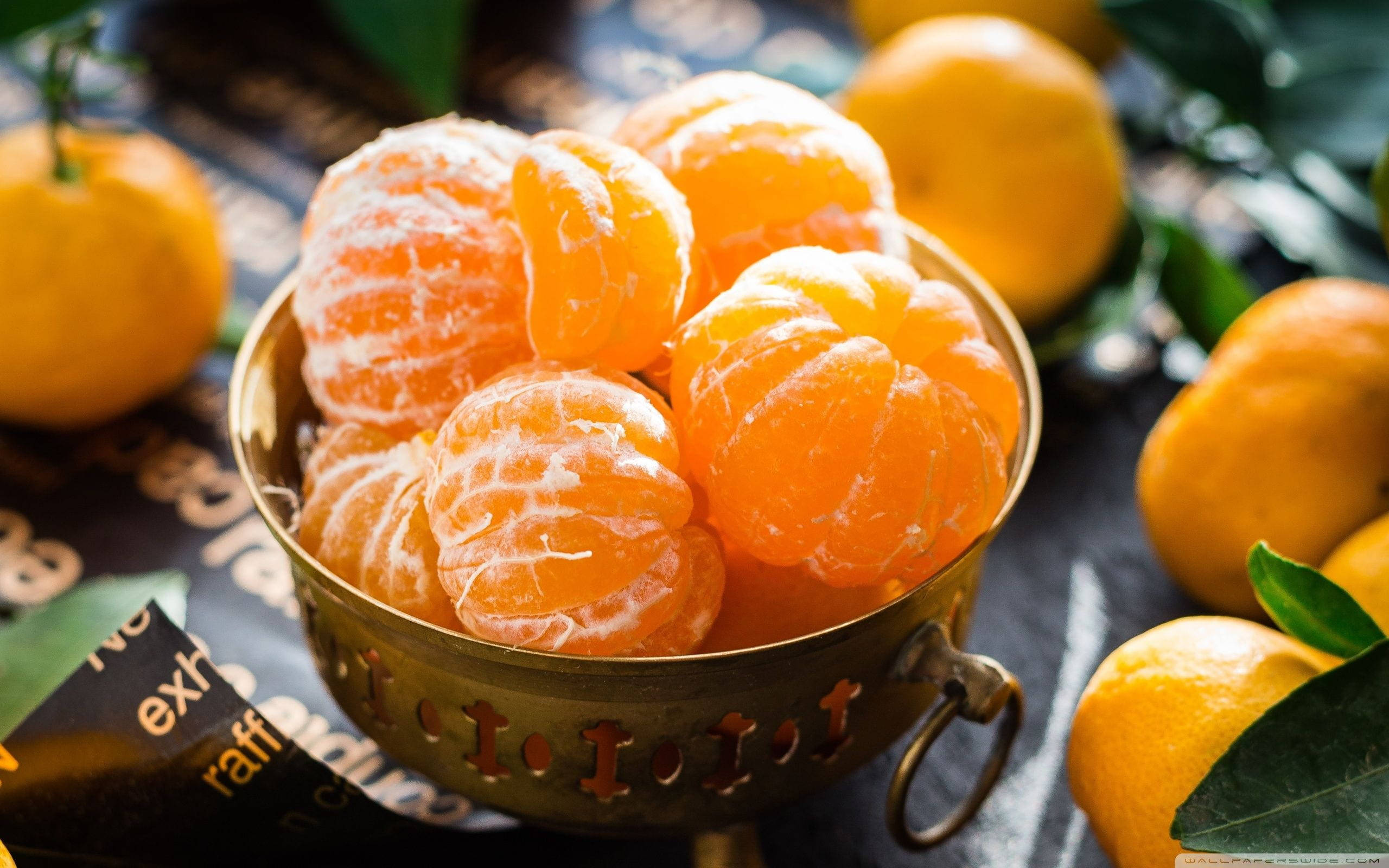 peeled mandarin orange, citrus fruits, vintage brass bowl, 2K Desktop Wallpaper
