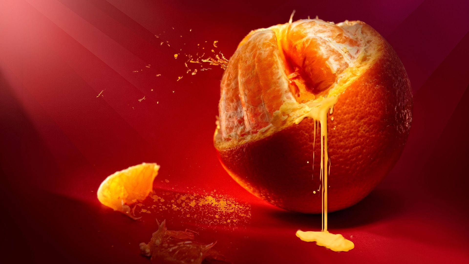 dripping orange fruit, vibrant orange, deep red background, Full HD Desktop Wallpaper