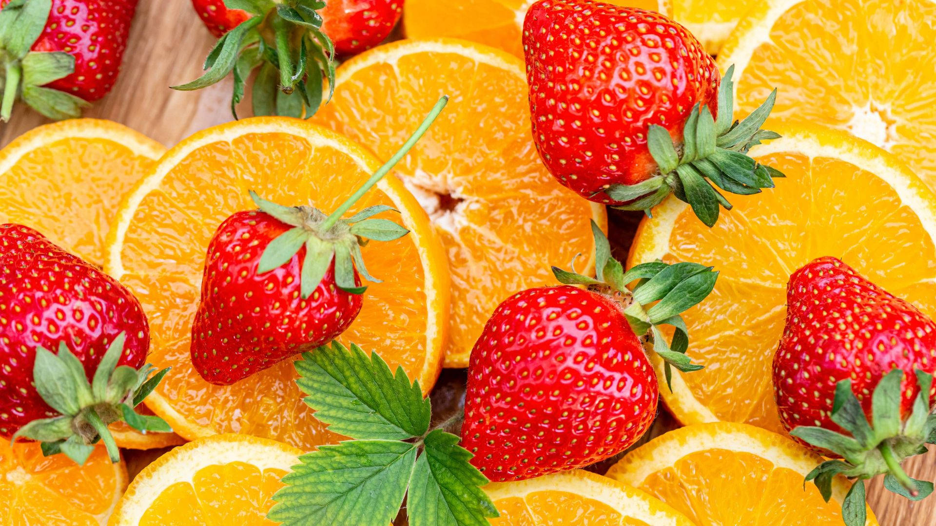 Orange Fruits, Strawberries, Wooden surface, Full HD Desktop Wallpaper