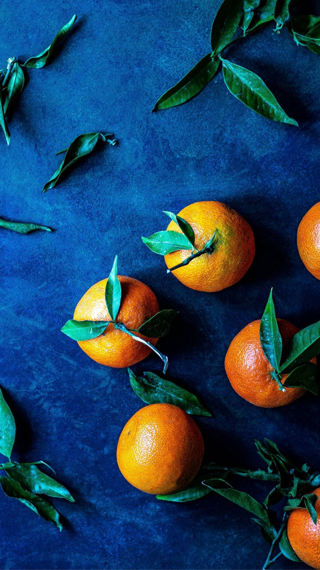 orange fruits, blue mat, green leaves, Full HD Phone Wallpaper